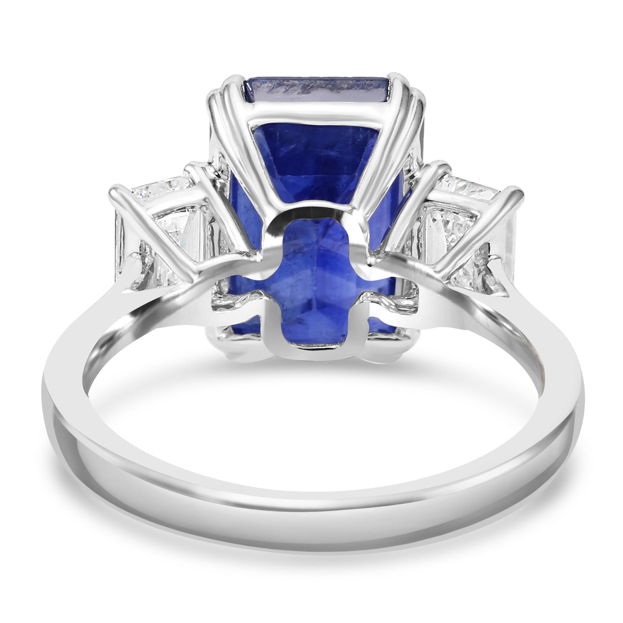 Ceylon Sapphire White Diamond Emerald Cut 18K White Gold Three-Stone Bridal Ring For Sale 2