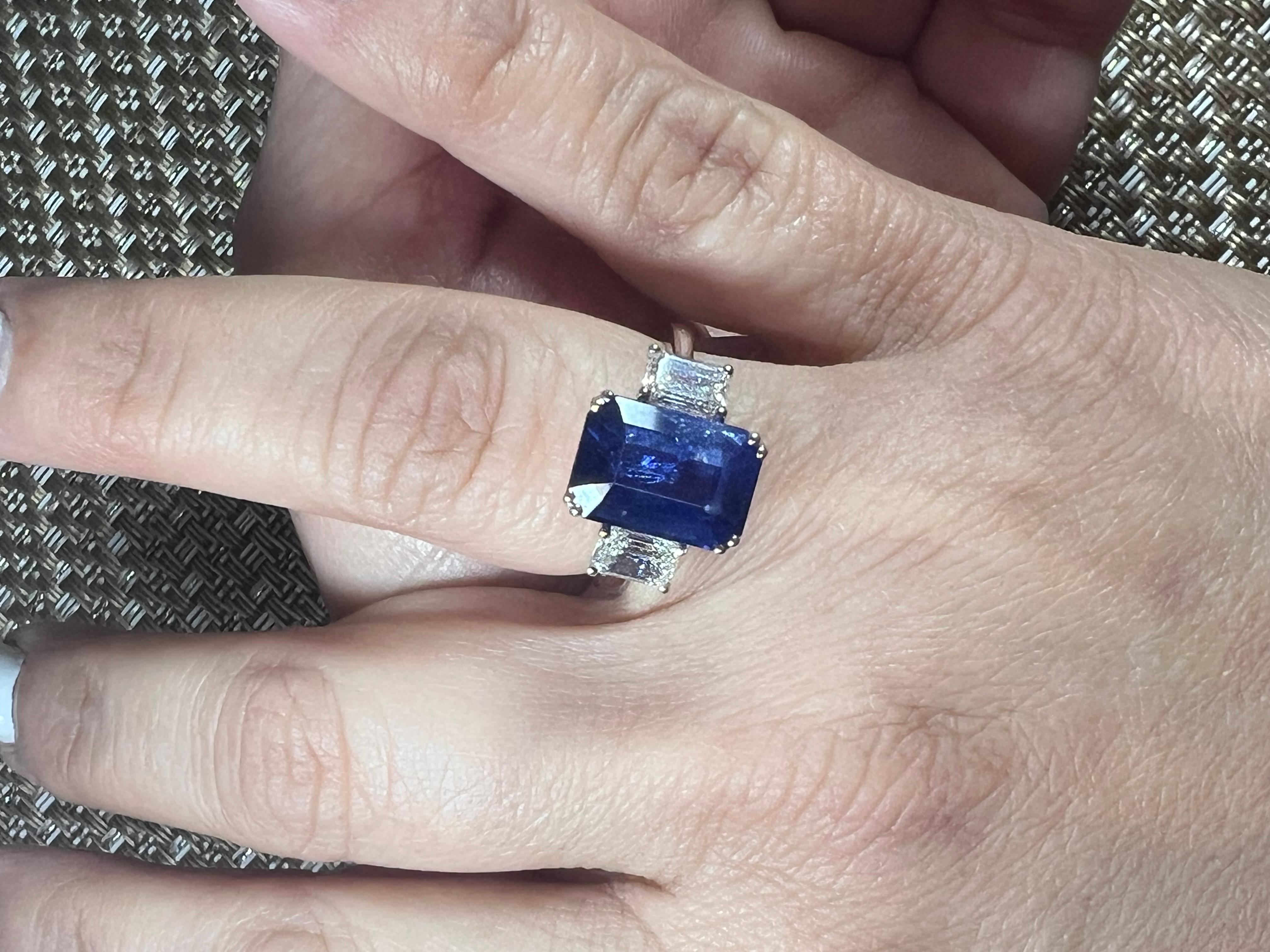 Ceylon Sapphire White Diamond Emerald Cut 18K White Gold Three-Stone Bridal Ring For Sale 3
