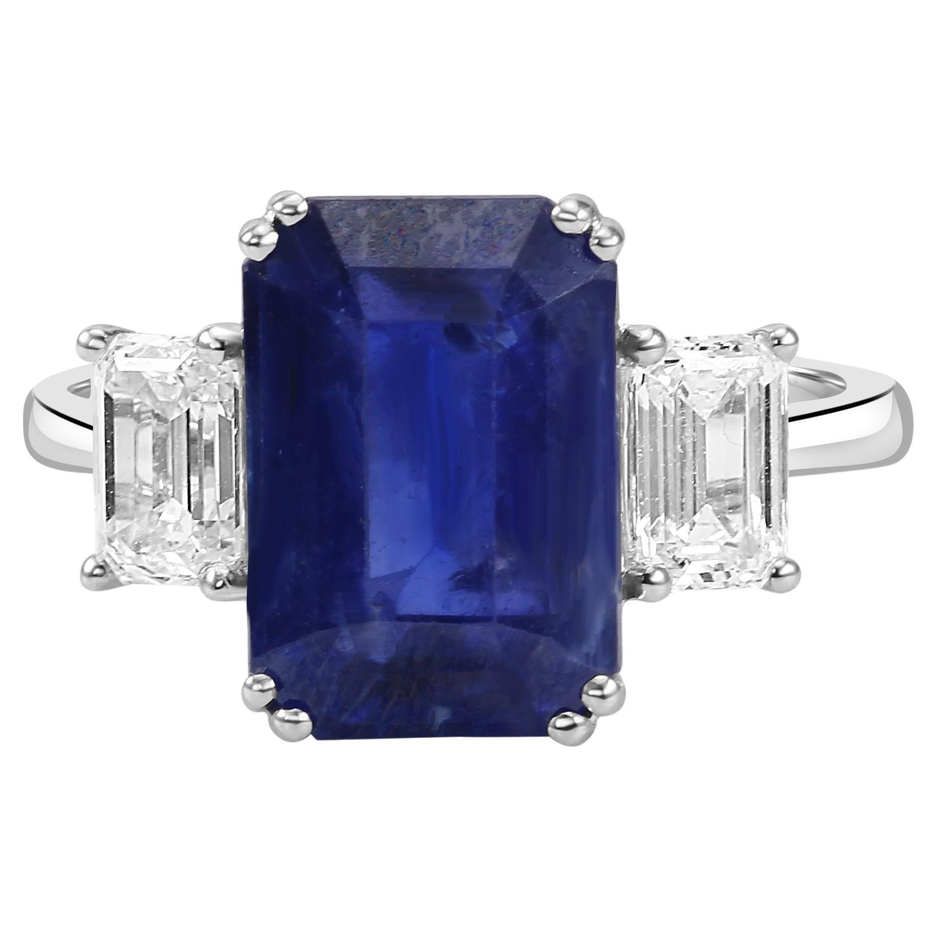 Ceylon Sapphire White Diamond Emerald Cut 18K White Gold Three-Stone Bridal Ring