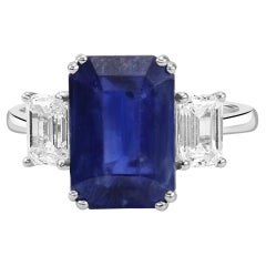Ceylon Sapphire White Diamond Emerald Cut 18K White Gold Three-Stone Bridal Ring