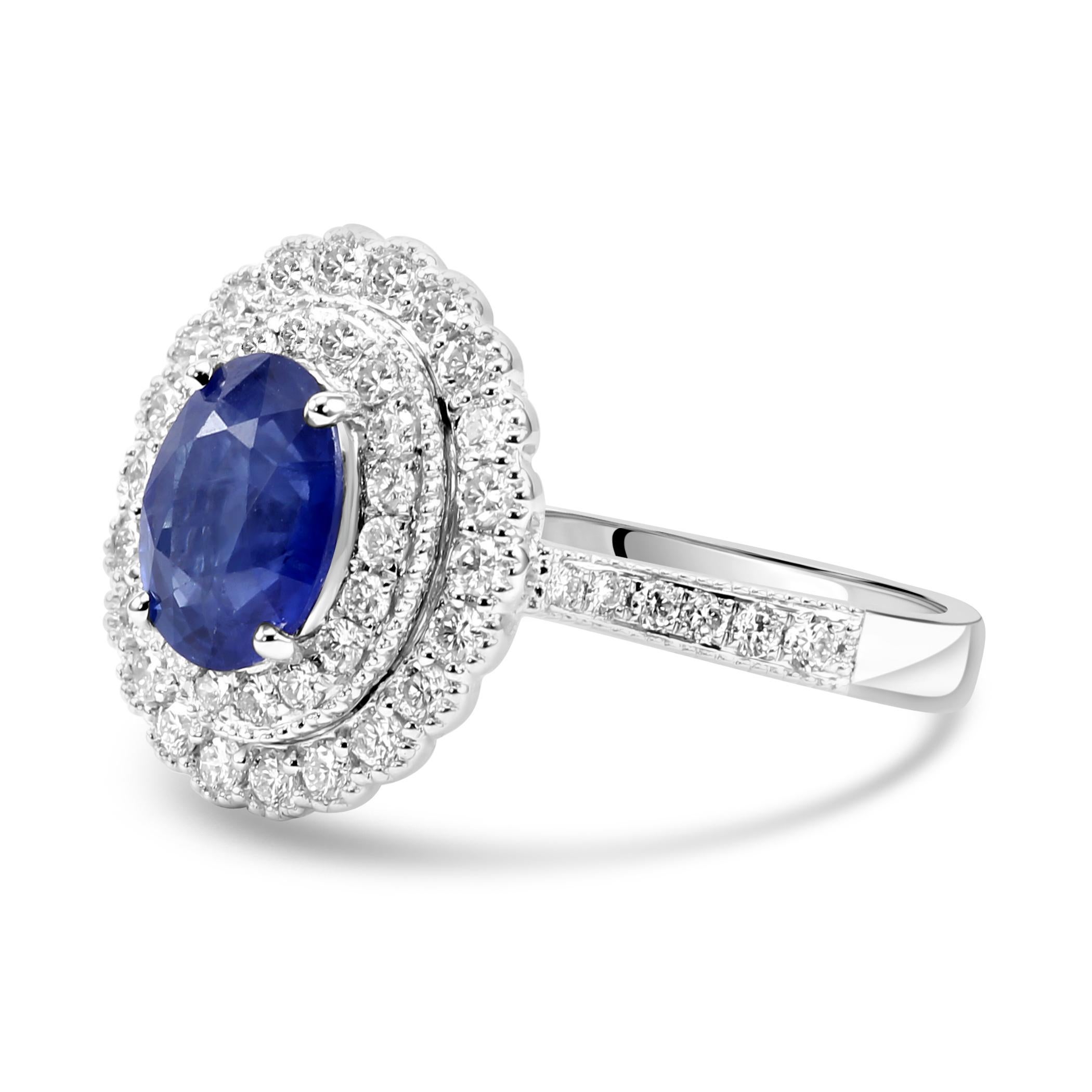 Modern Ceylon Sapphire White Diamond Round Double Halo 18K White Engagement Bridal Ring For Sale