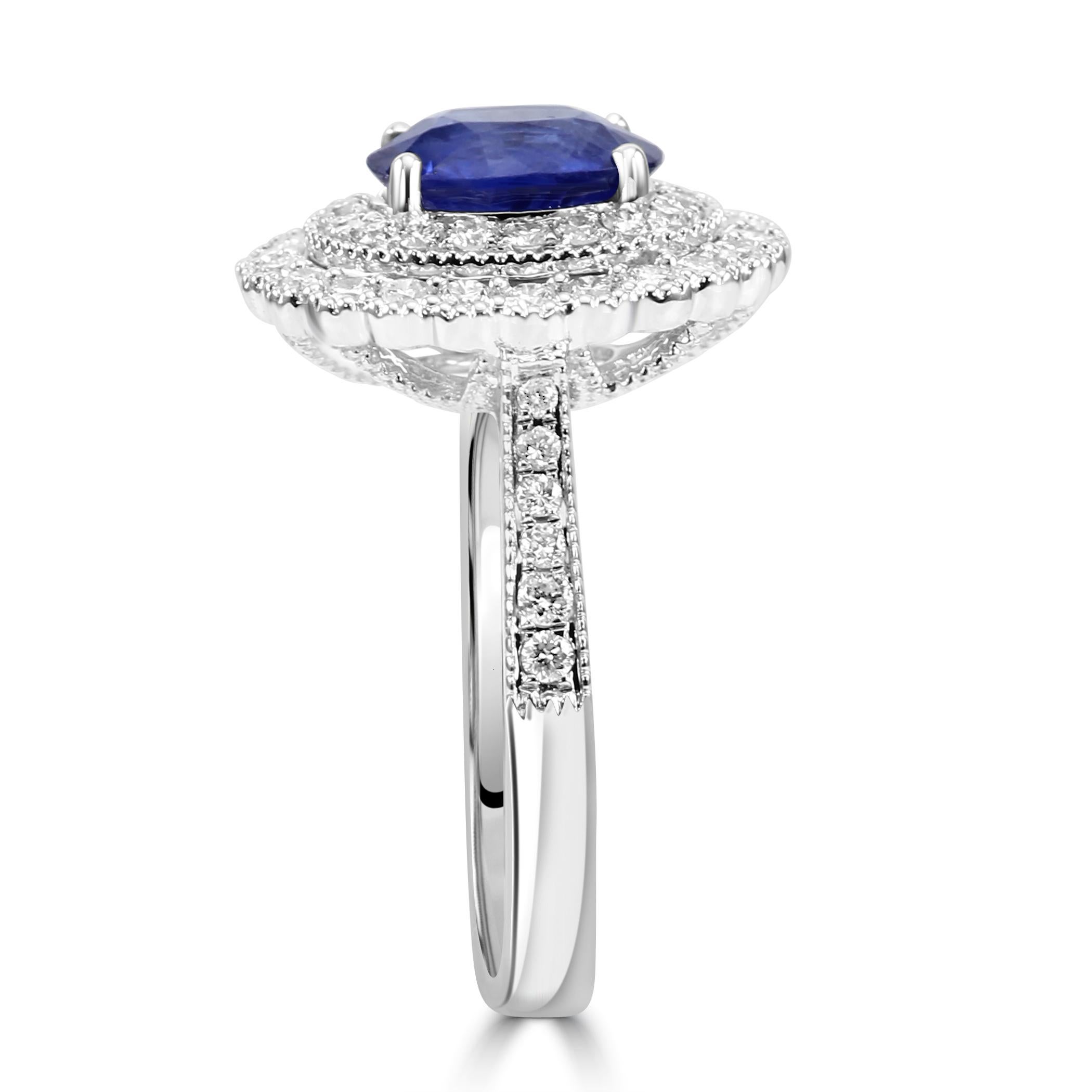 Oval Cut Ceylon Sapphire White Diamond Round Double Halo 18K White Engagement Bridal Ring For Sale
