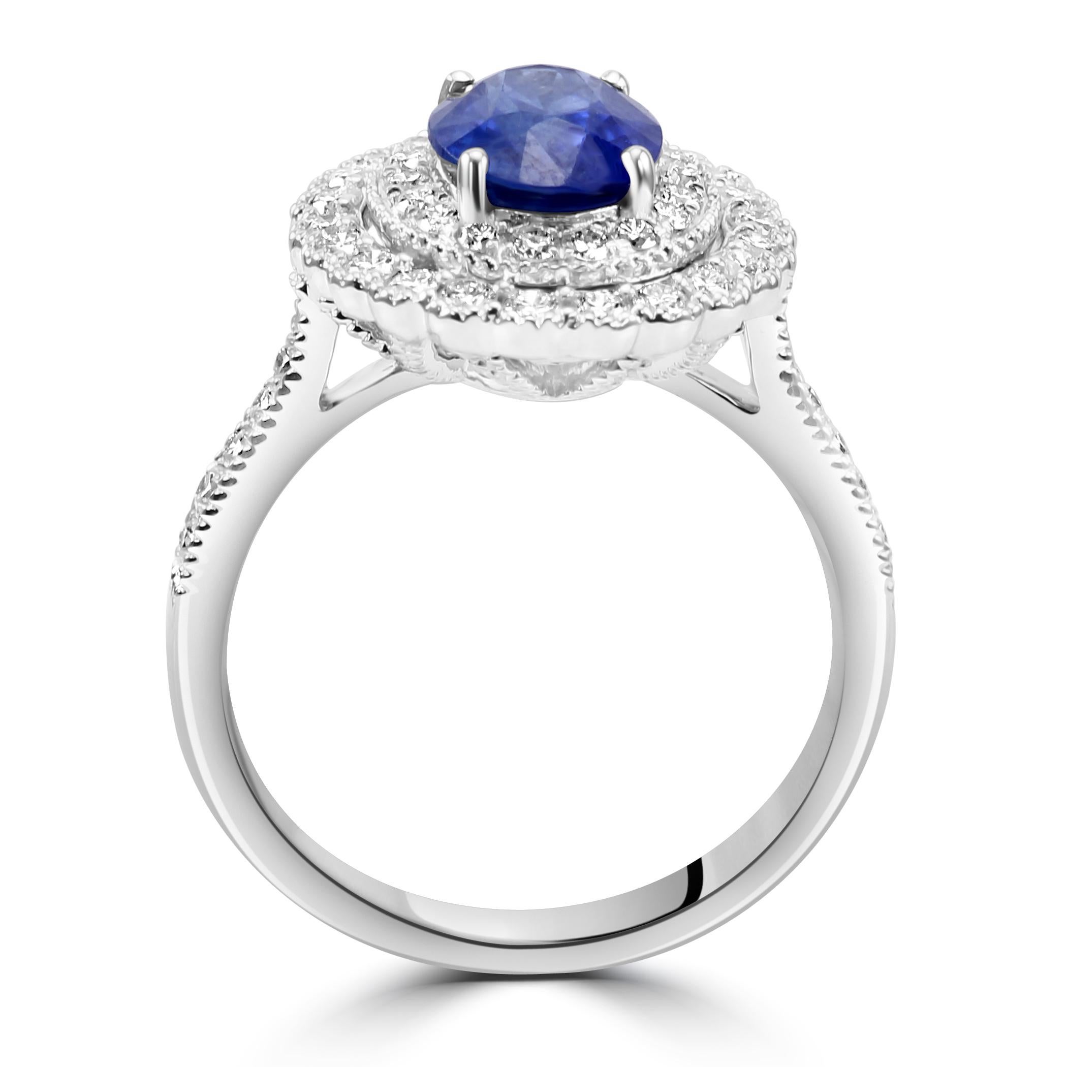 Women's or Men's Ceylon Sapphire White Diamond Round Double Halo 18K White Engagement Bridal Ring For Sale