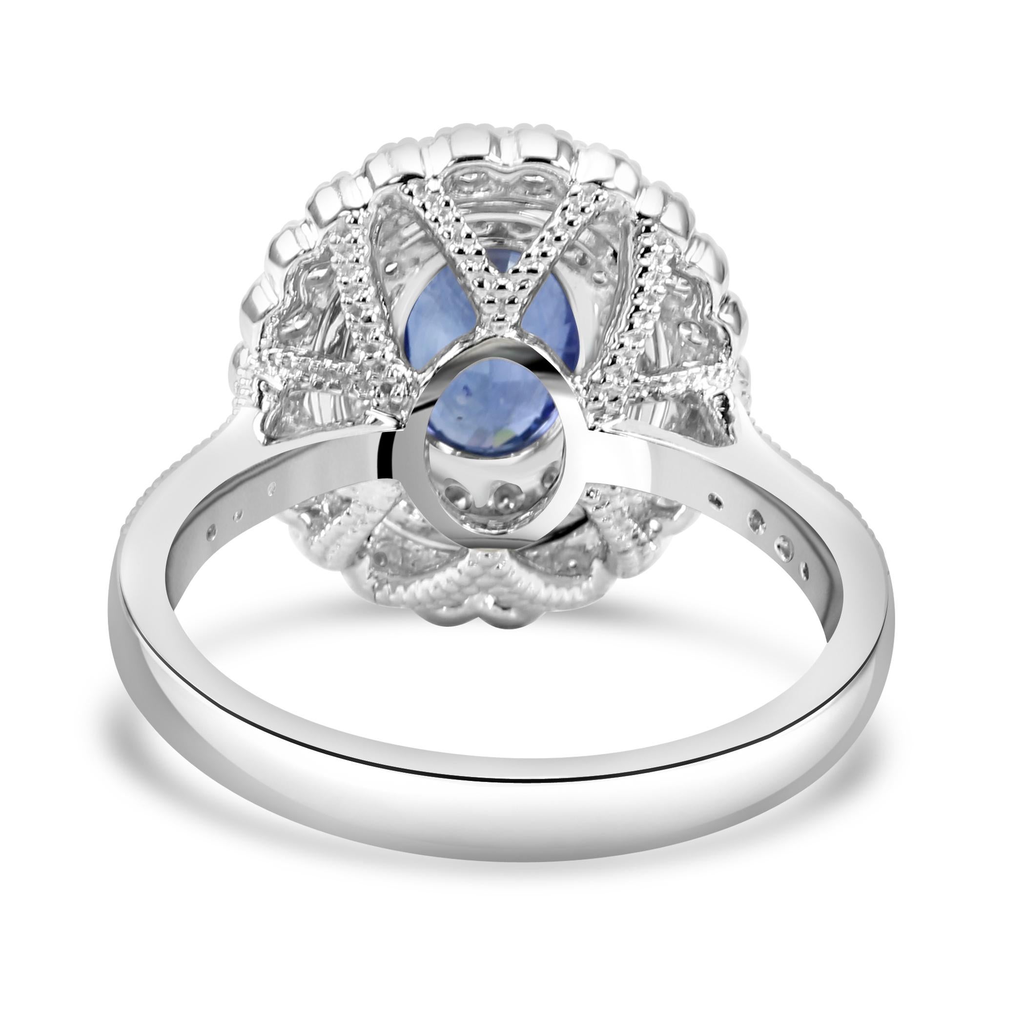 Ceylon Sapphire White Diamond Round Double Halo 18K White Engagement Bridal Ring For Sale 1