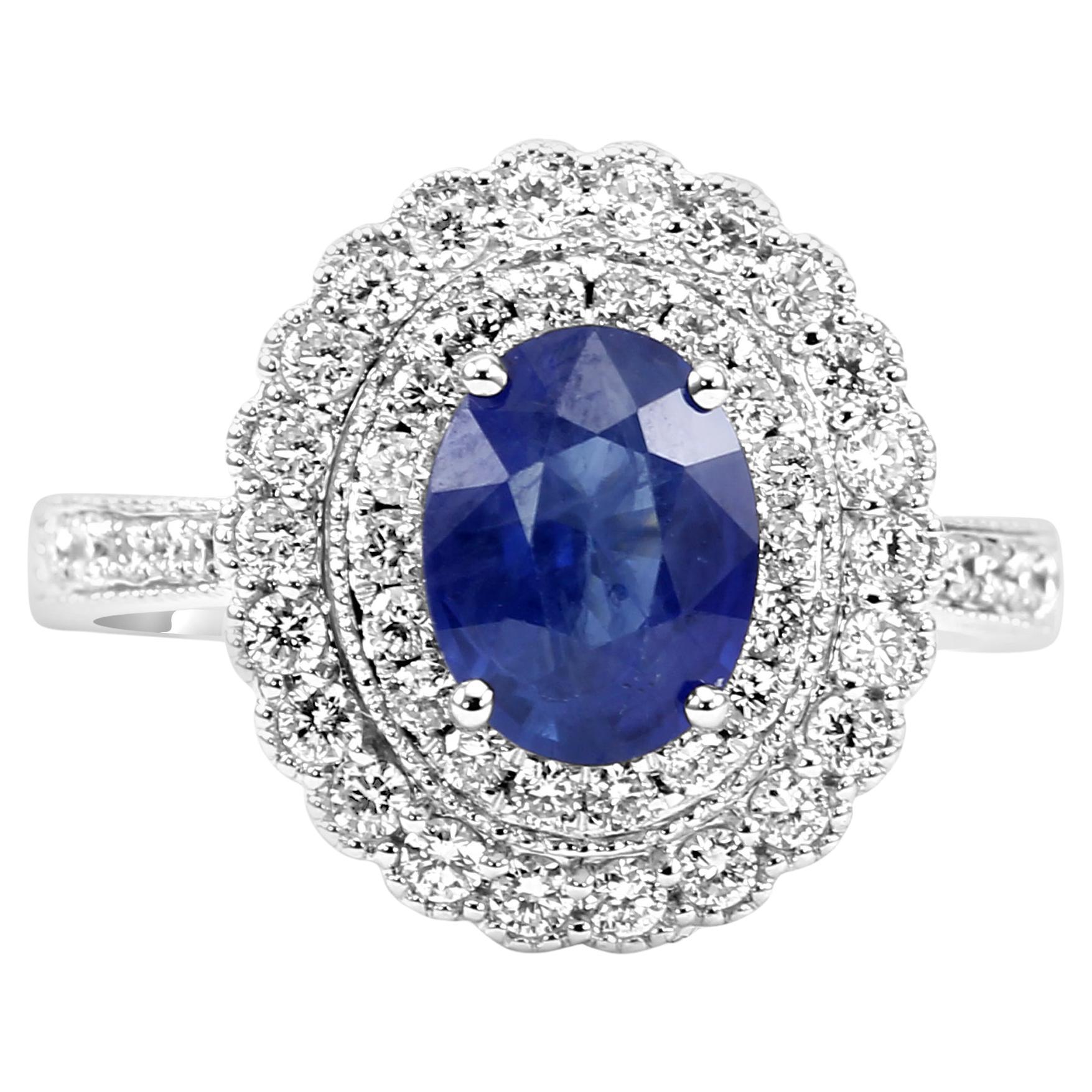 Ceylon Sapphire White Diamond Round Double Halo 18K White Engagement Bridal Ring For Sale