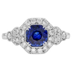 Ceylon Sapphire with Diamond Antique Style Engagement Ring in 18k White Gold