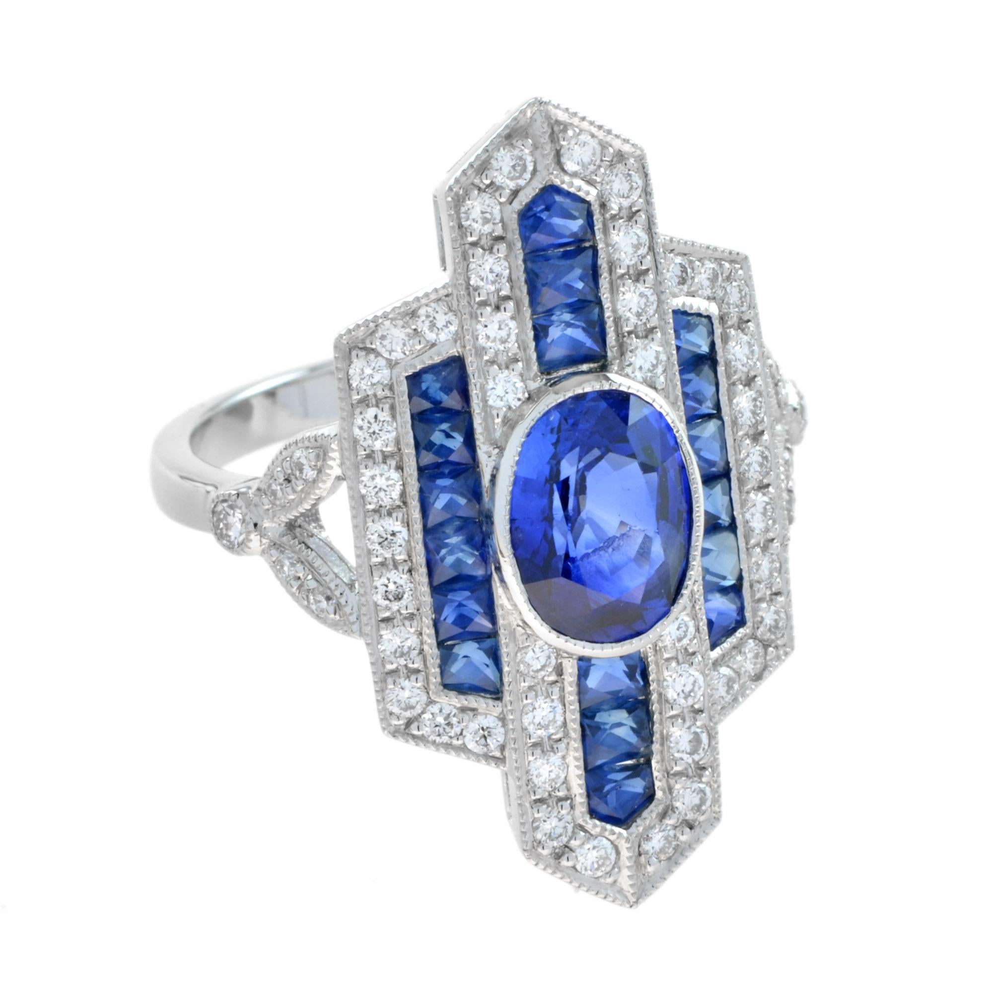 Oval Cut Ceylon Sapphire with Diamond Sapphire Art Deco Style Cocktail Ring Platinum950 For Sale