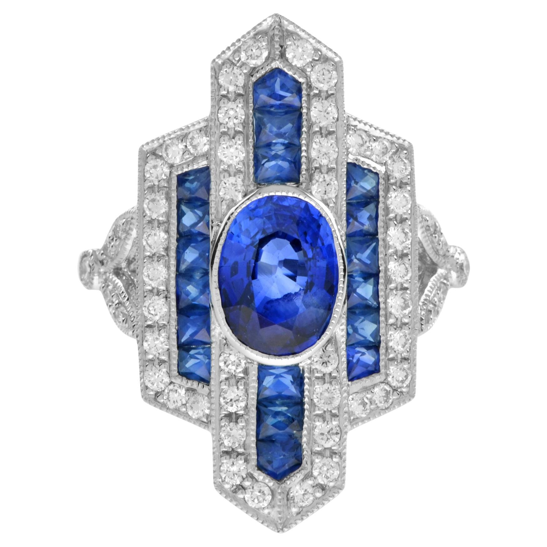 Ceylon Sapphire with Diamond Sapphire Art Deco Style Cocktail Ring Platinum950 For Sale