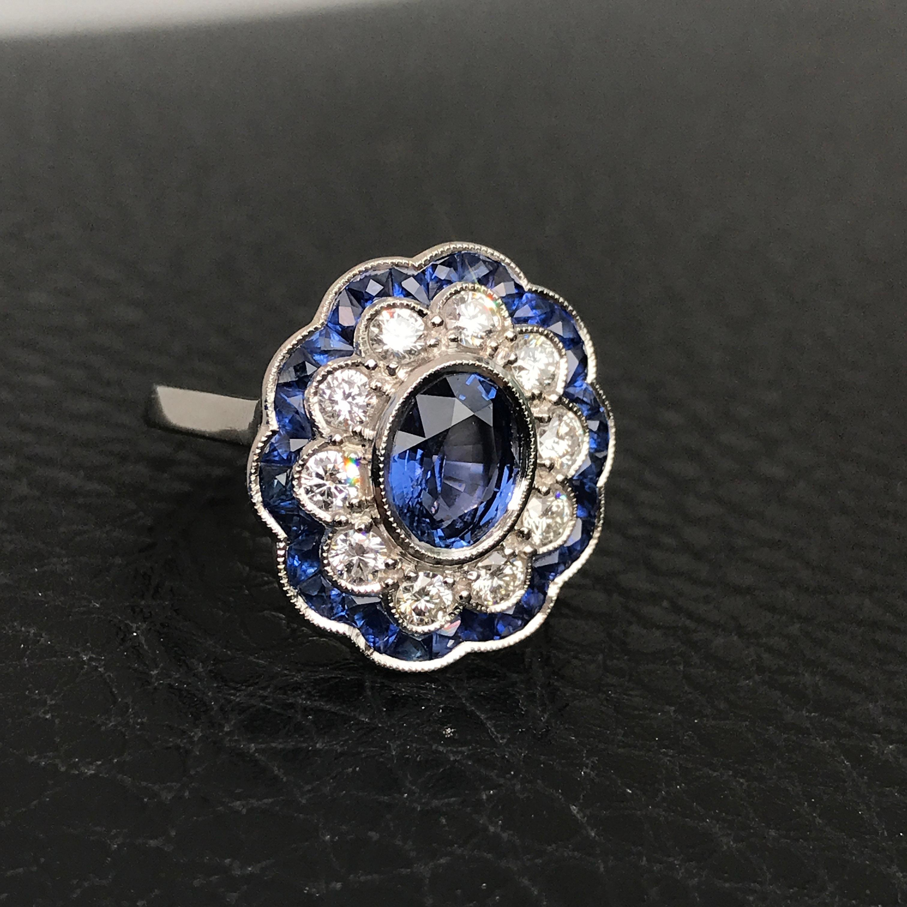 For Sale:  Ceylon Sapphire with Diamond Sapphire Art Deco Style Engagement Ring 18k Gold 3