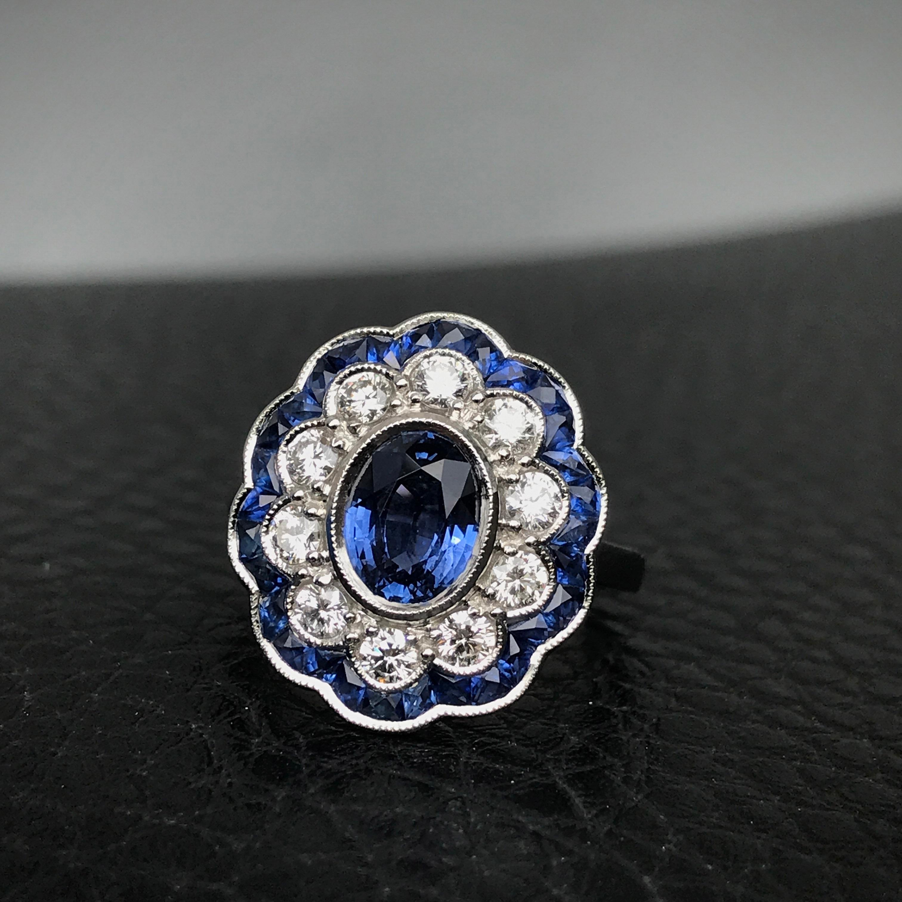 For Sale:  Ceylon Sapphire with Diamond Sapphire Art Deco Style Engagement Ring 18k Gold 2