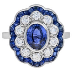 Ceylon Sapphire with Diamond Sapphire Art Deco Style Engagement Ring 18k Gold