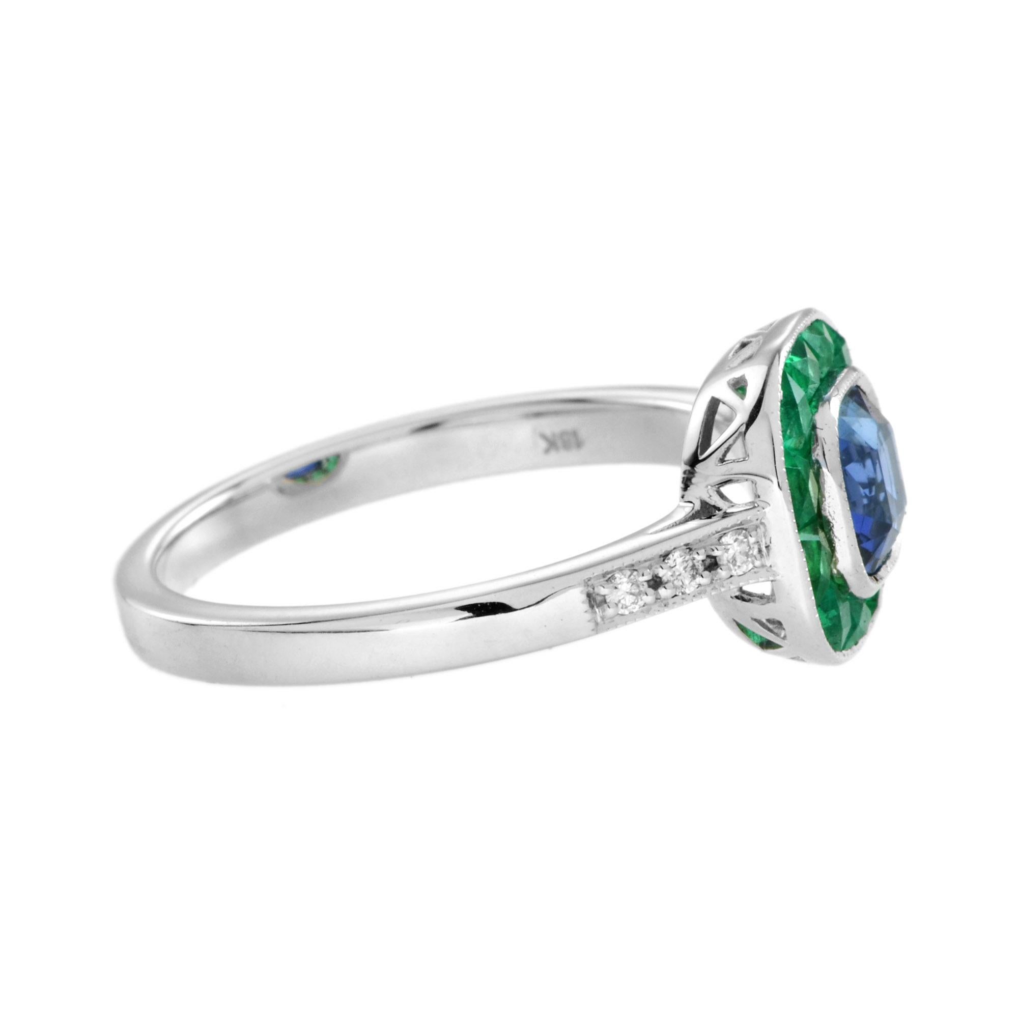 Cushion Cut Ceylon Sapphire with Emerald and Diamond Art Deco Style Halo Ring in 18K Gold For Sale