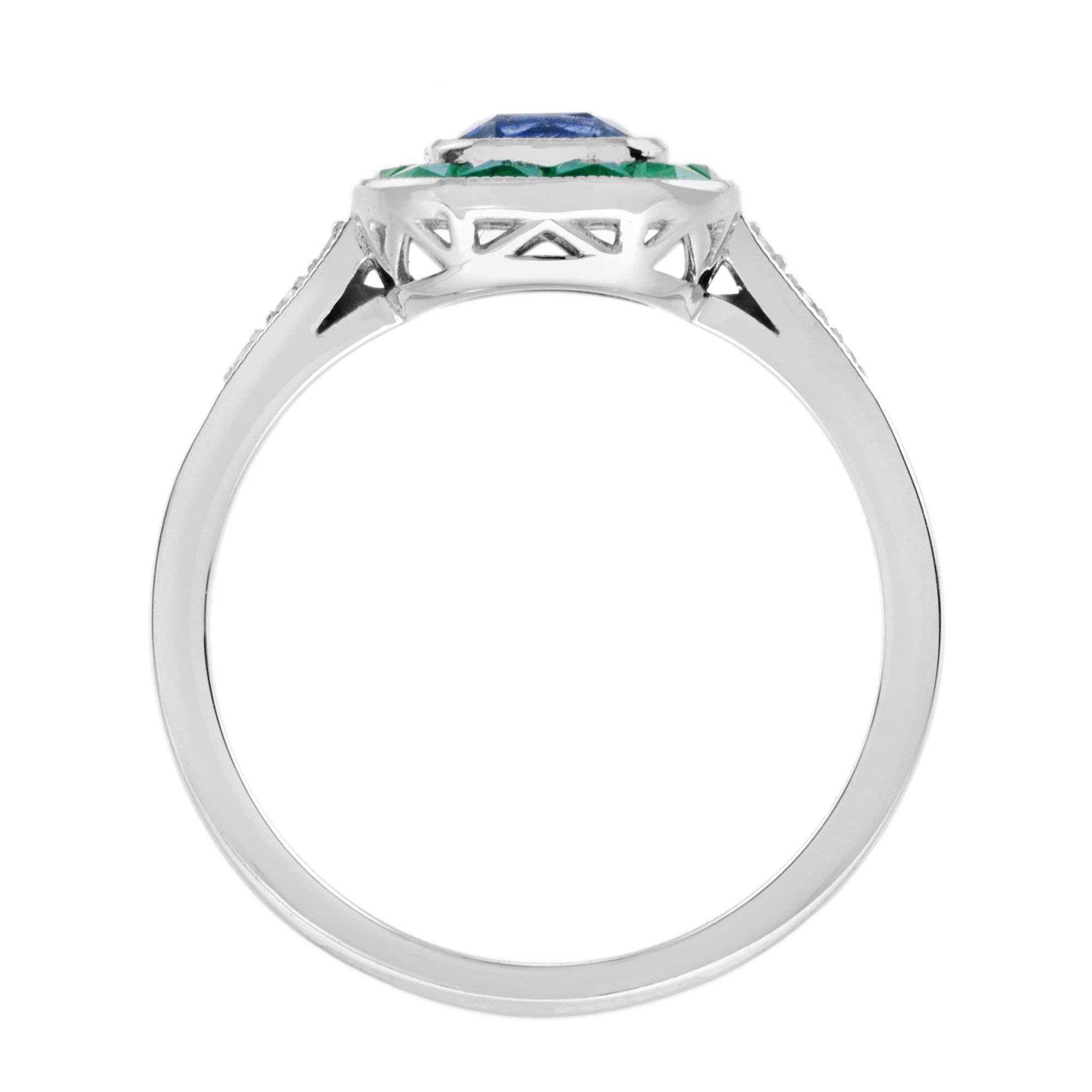 Cushion Cut Ceylon Sapphire with Emerald and Diamond Art Deco Style Halo Ring in 18K Gold