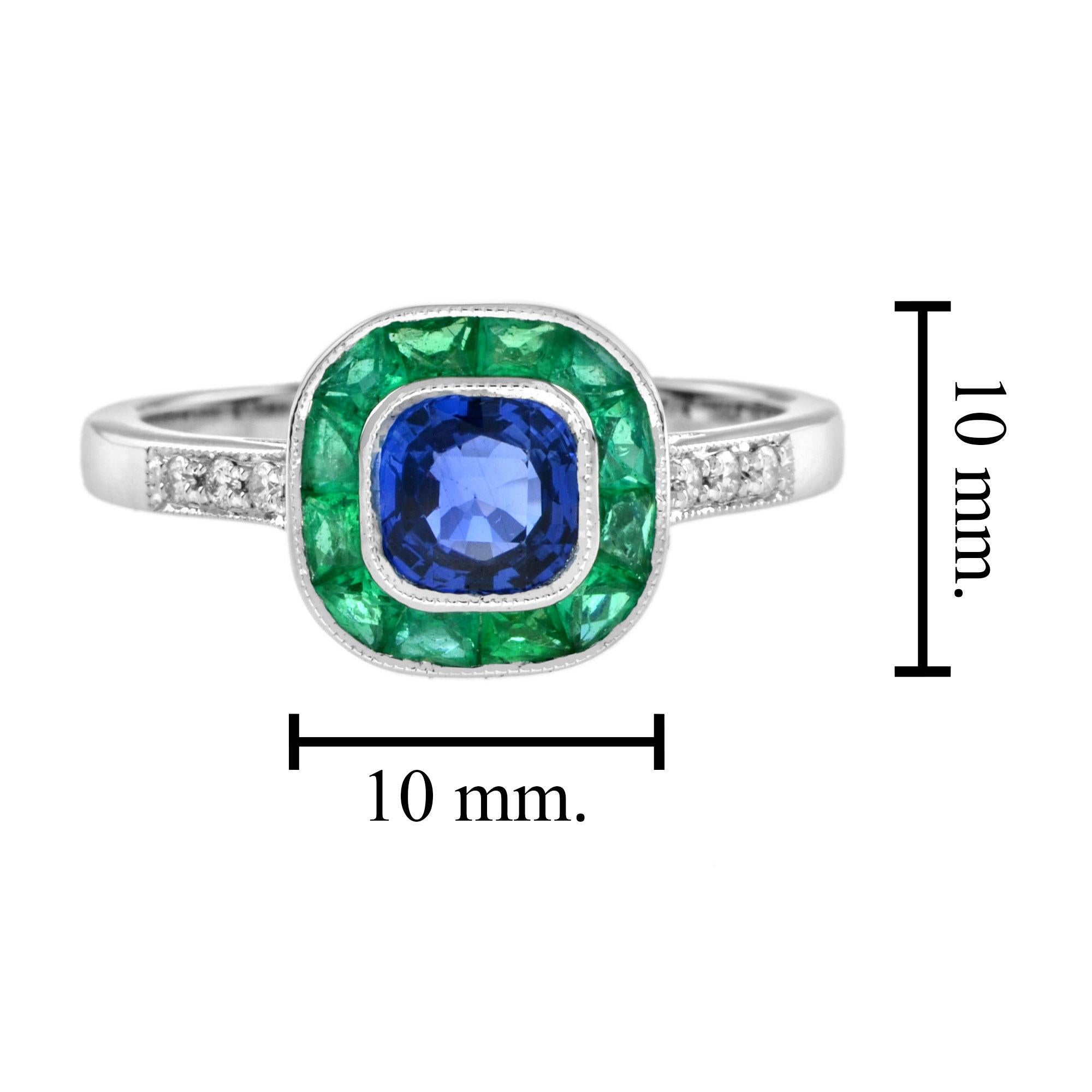Ceylon Sapphire with Emerald and Diamond Art Deco Style Halo Ring in 18K Gold For Sale 1