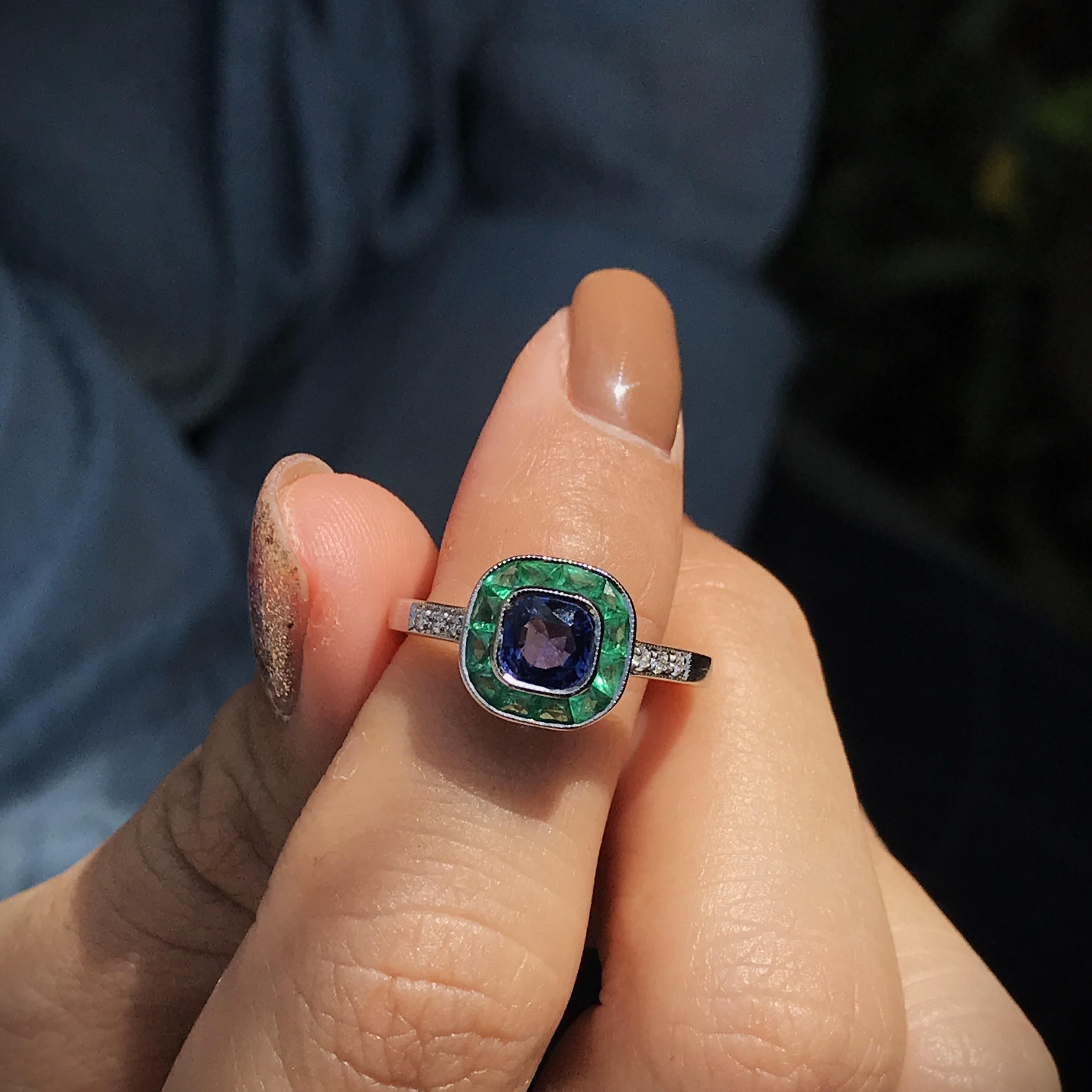 Ceylon Sapphire with Emerald and Diamond Art Deco Style Halo Ring in 18K Gold For Sale 3