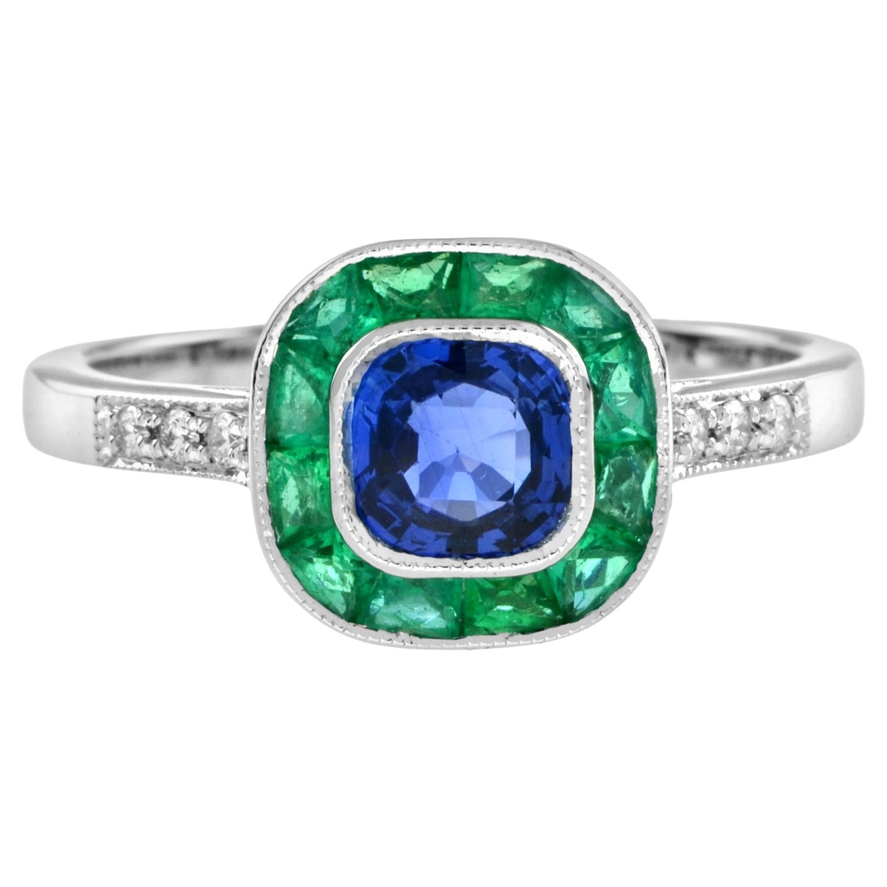 Ceylon Sapphire with Emerald and Diamond Art Deco Style Halo Ring in 18K Gold