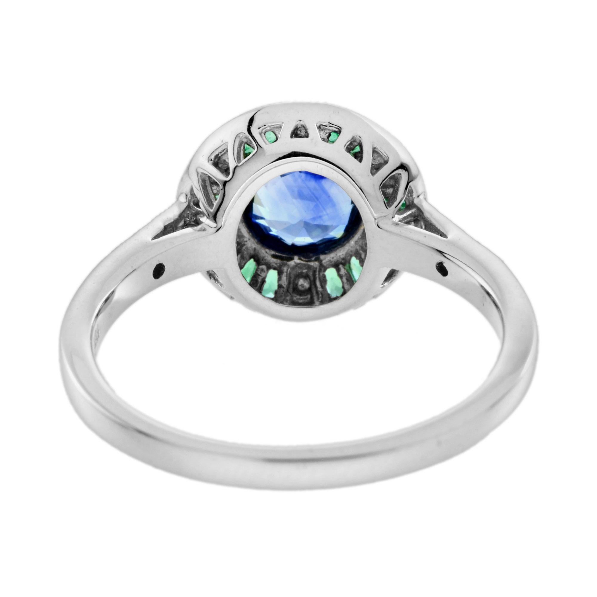 Women's Ceylon Sapphire with Emerald Diamond Target Engagement Ring in 18k White Gold For Sale