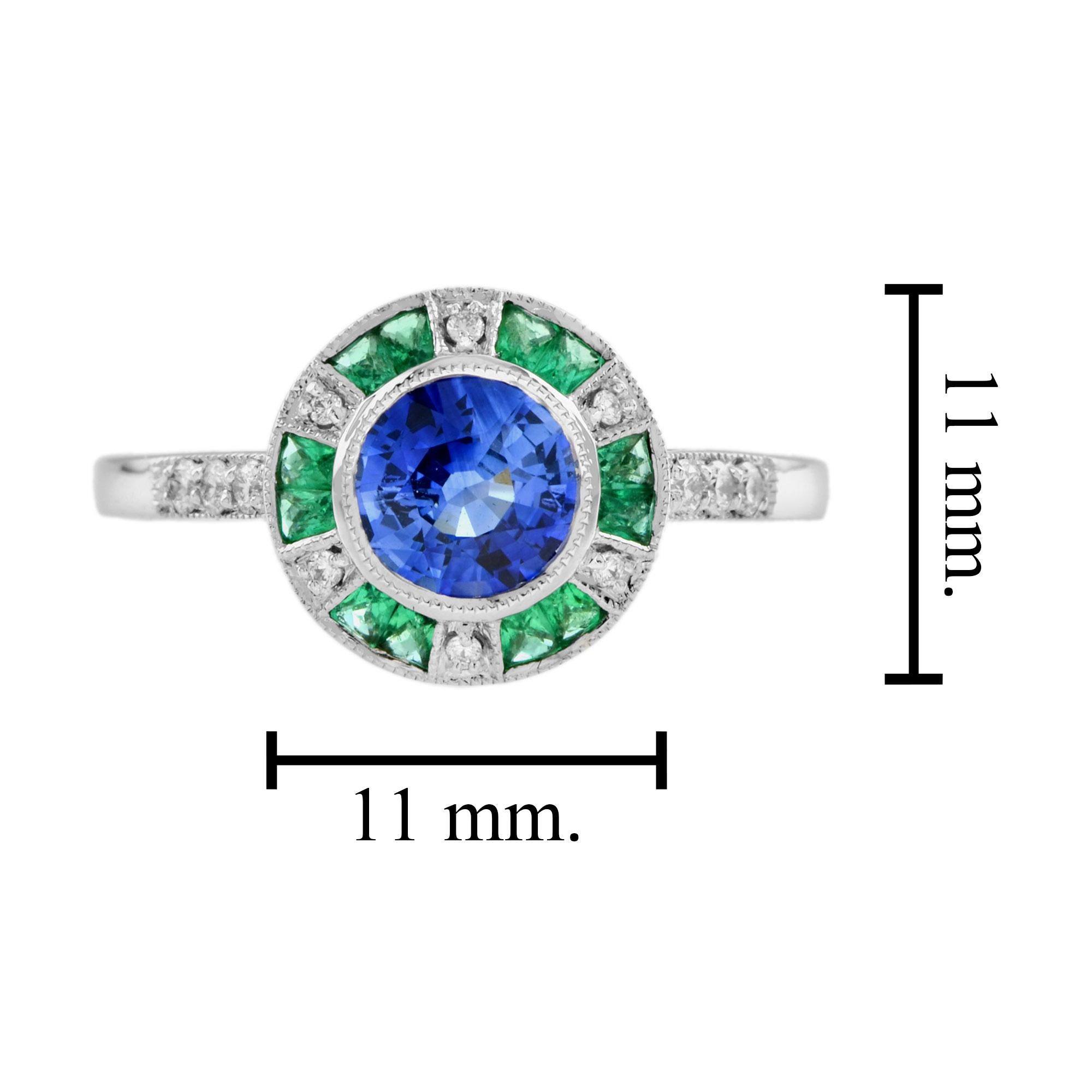 Ceylon Sapphire with Emerald Diamond Target Engagement Ring in 18k White Gold For Sale 3