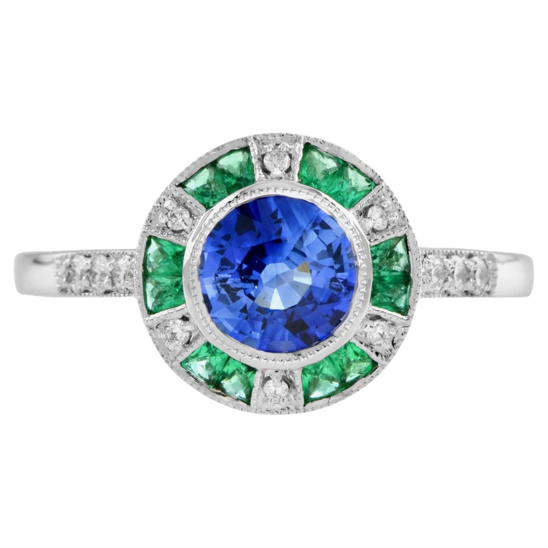 Ceylon Sapphire with Emerald Diamond Target Engagement Ring in 18k White Gold