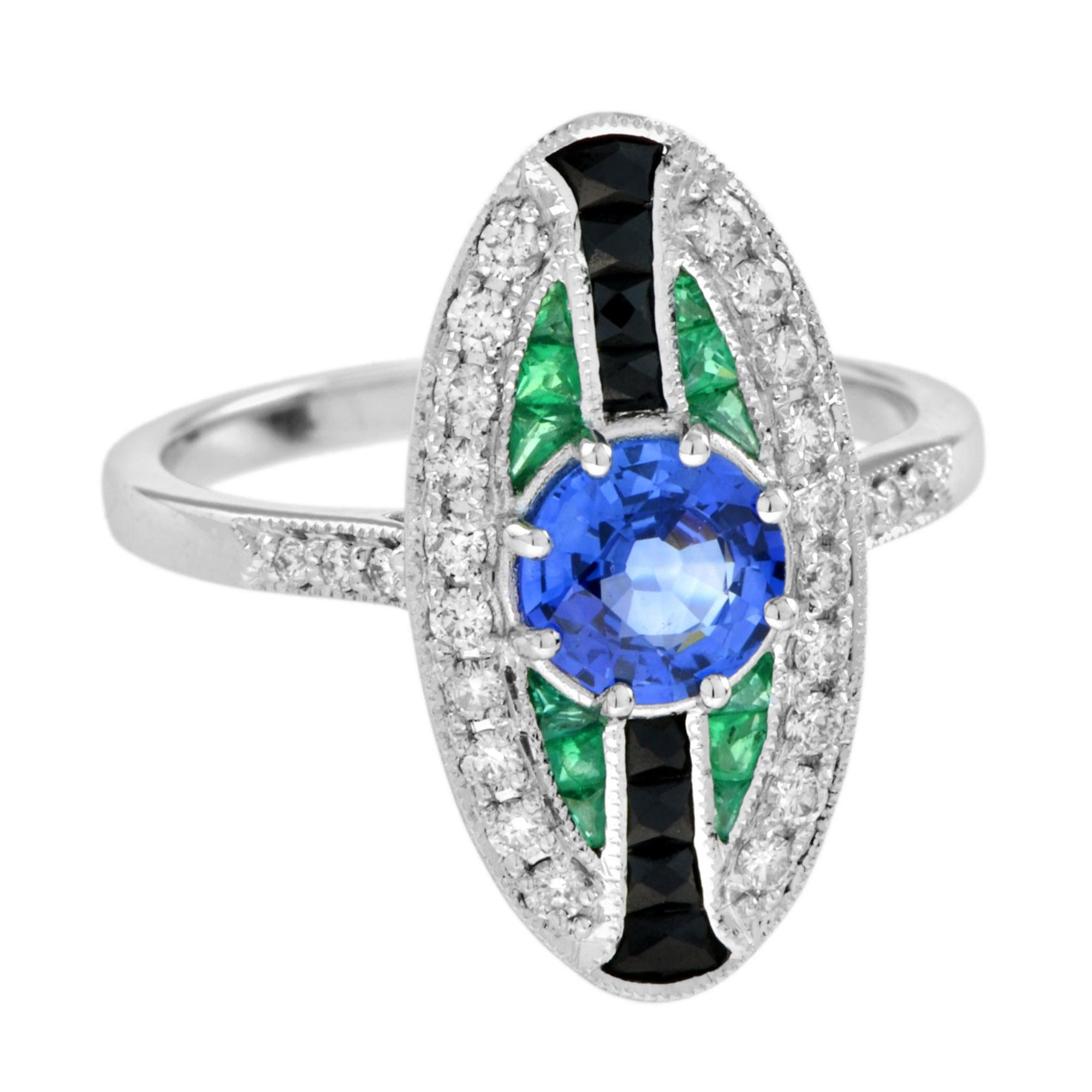 Women's Ceylon Sapphire with Emerald Onyx Diamond Art Deco Style Ring in 18k White Gold For Sale