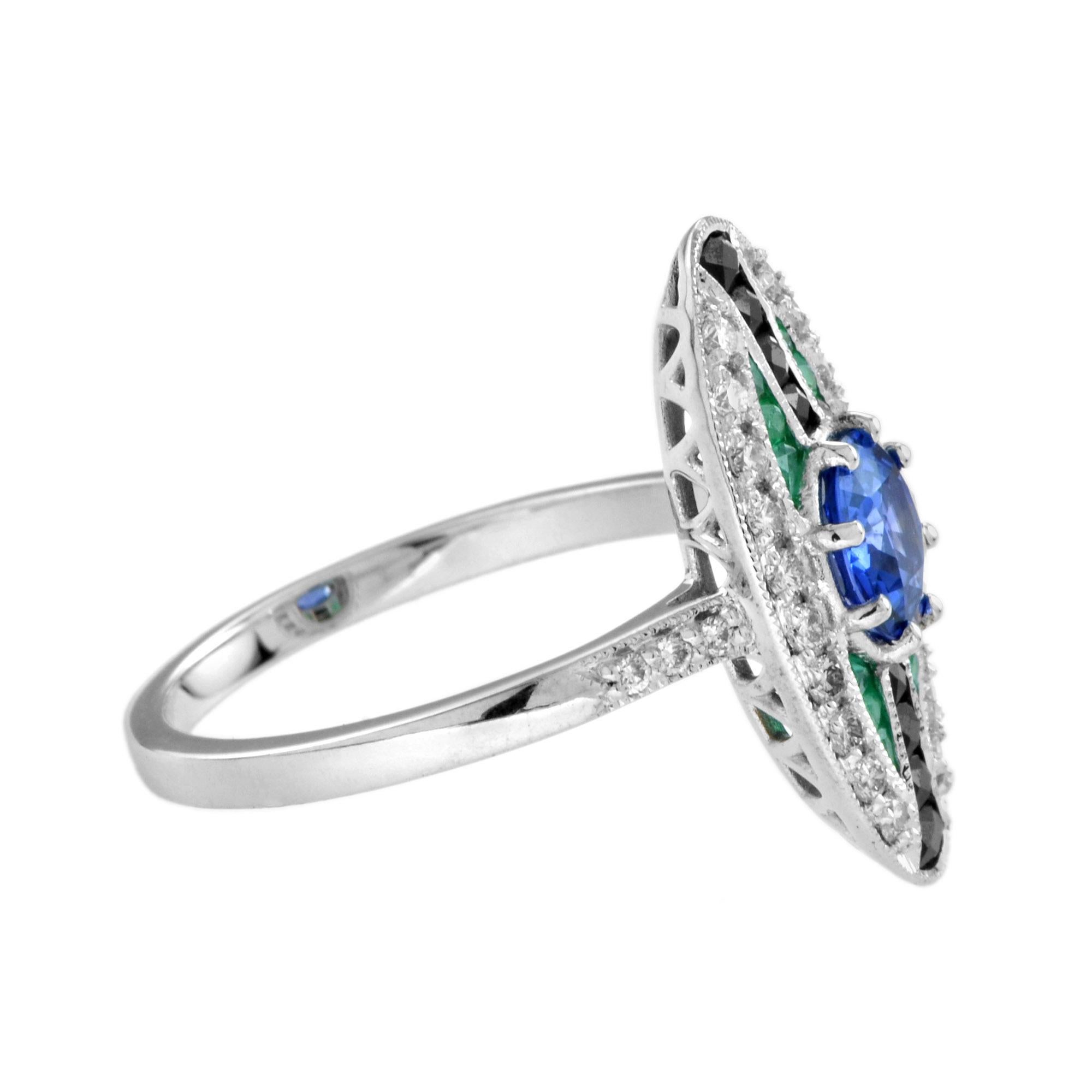 Ceylon Sapphire with Emerald Onyx Diamond Art Deco Style Ring in 18k White Gold For Sale 1