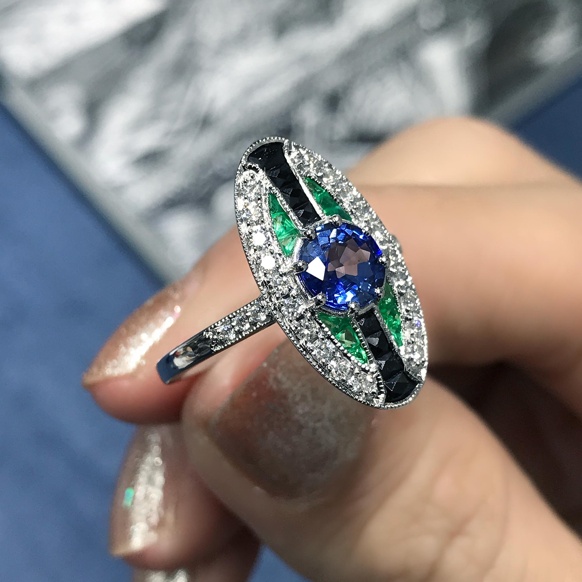 Round Cut Ceylon Sapphire with Emerald Onyx Diamond Art Deco Style Ring in 18k White Gold For Sale