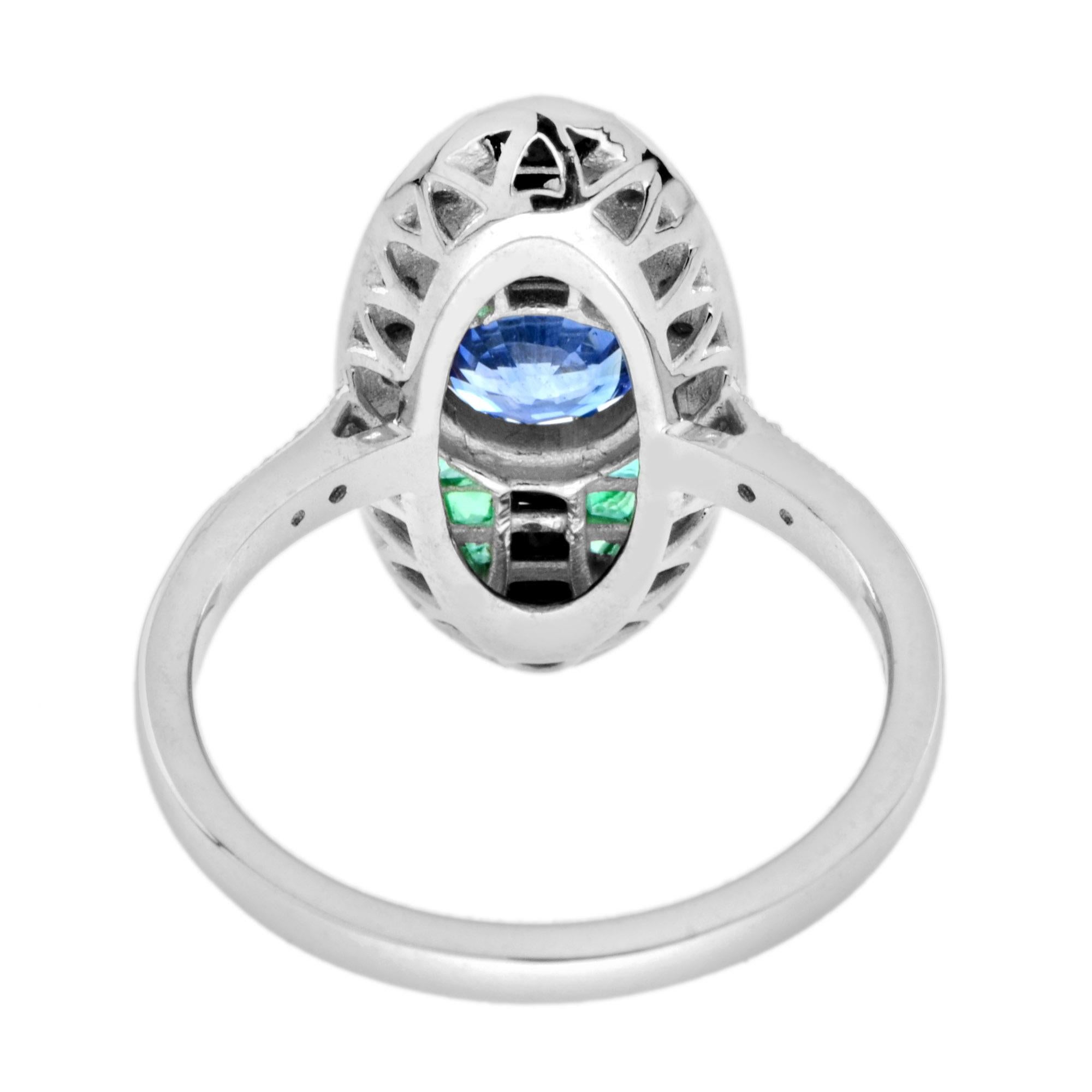 Ceylon Sapphire with Emerald Onyx Diamond Art Deco Style Ring in 18k White Gold For Sale 2