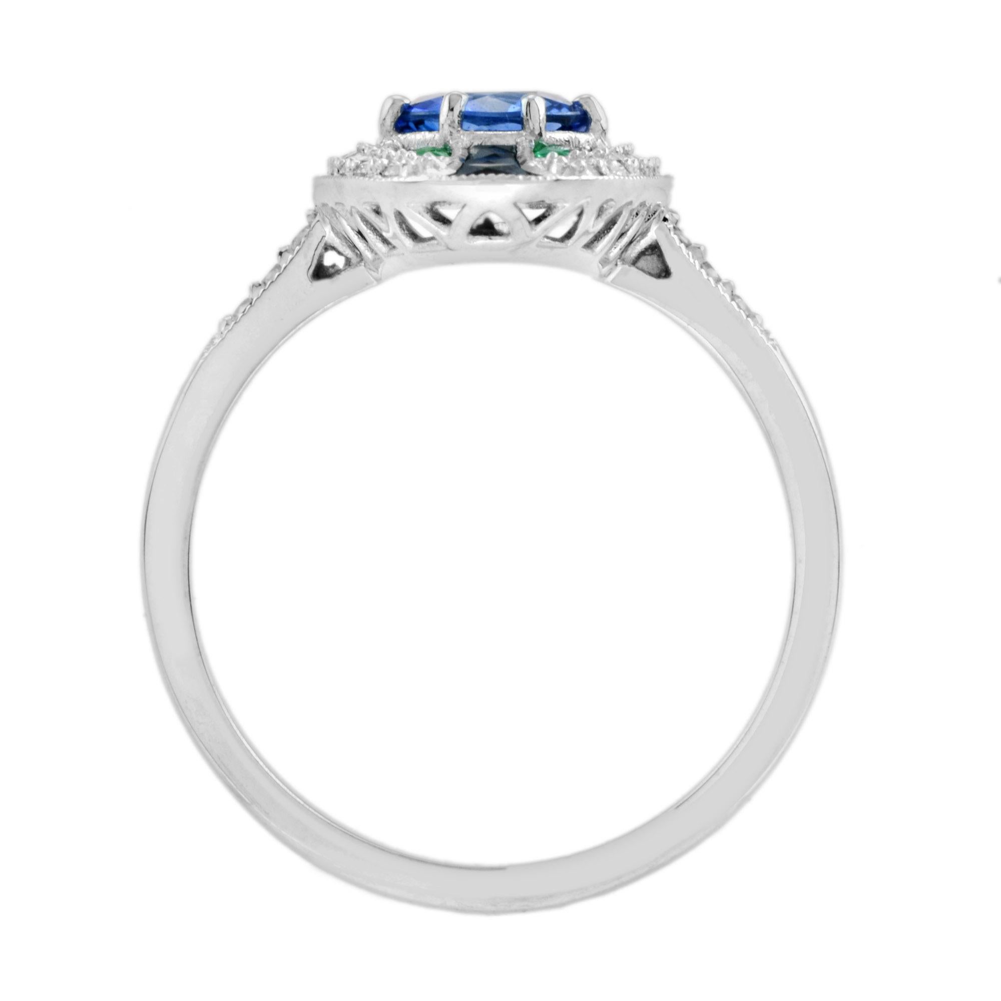 Ceylon Sapphire with Emerald Onyx Diamond Art Deco Style Ring in 18k White Gold For Sale 3