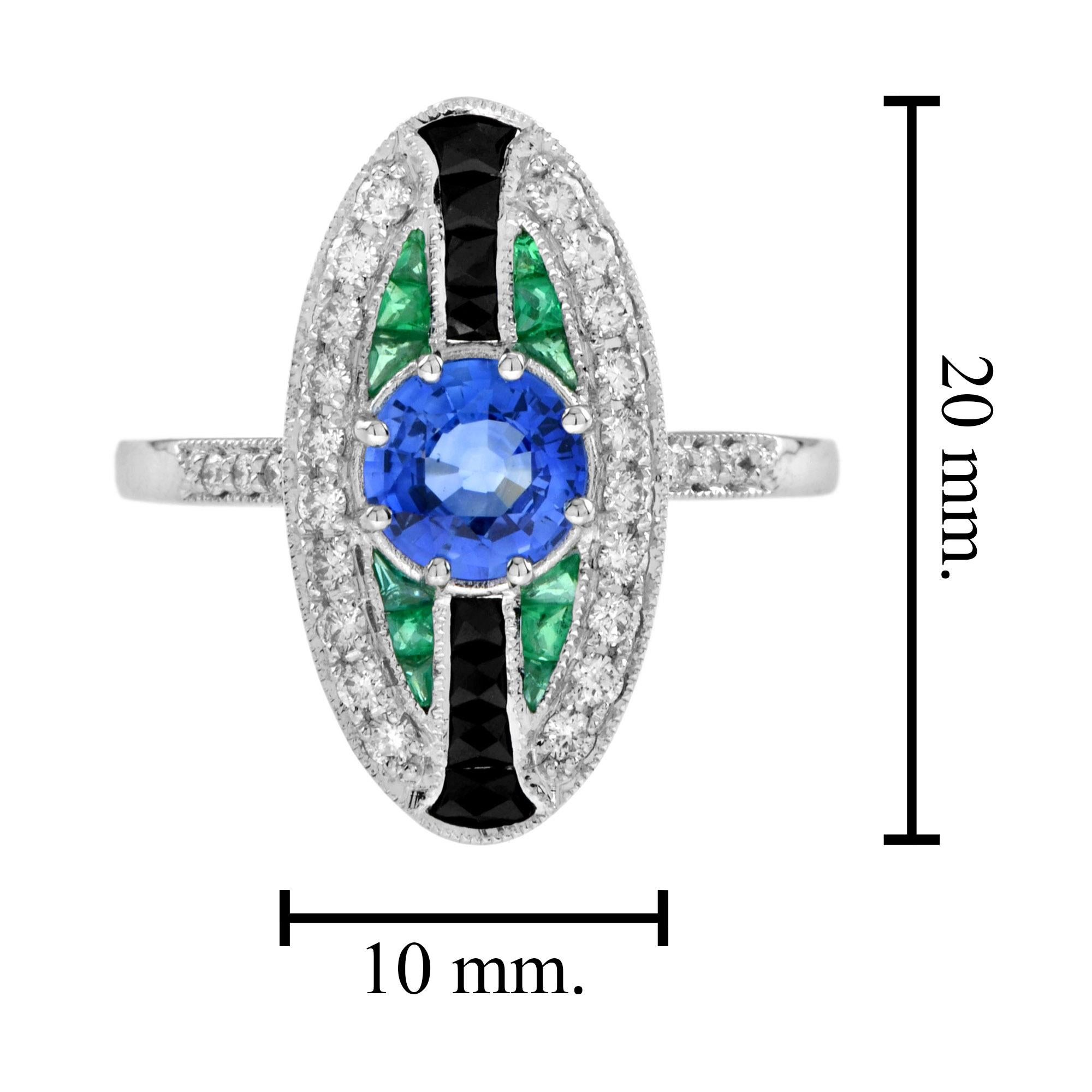 Ceylon Sapphire with Emerald Onyx Diamond Art Deco Style Ring in 18k White Gold For Sale 4