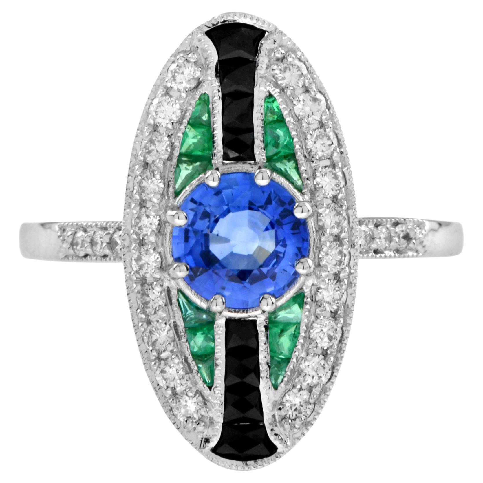 Ceylon Sapphire with Emerald Onyx Diamond Art Deco Style Ring in 18k White Gold For Sale