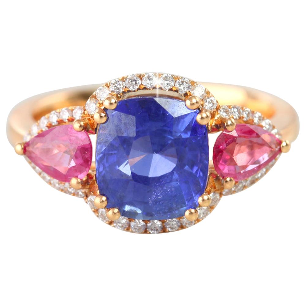 Ceylon Sapphire with Side Pave Diamond and Pink Pear Shape Sapphire Ring