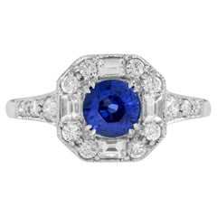 Ceylon Sapphire with Two Diamond Antique Style Engagement Ring in 18k White Gold