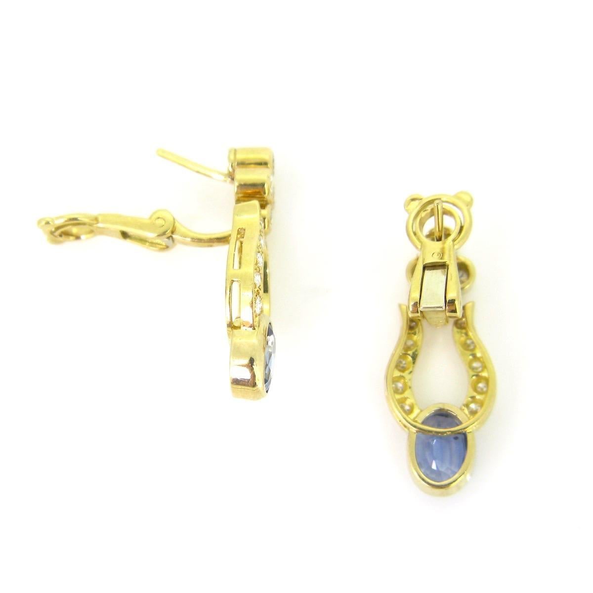 Brilliant Cut Ceylon Sapphires and Diamonds Earrings, 18kt Yellow Gold, France