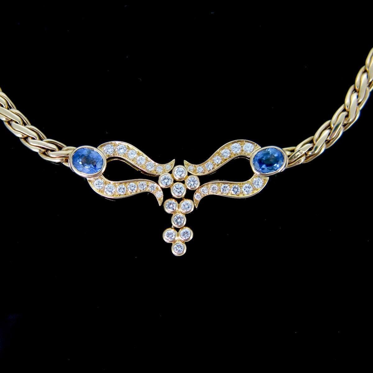 Brilliant Cut Ceylon Sapphires and Diamonds Necklace, 18kt Yellow Gold, France