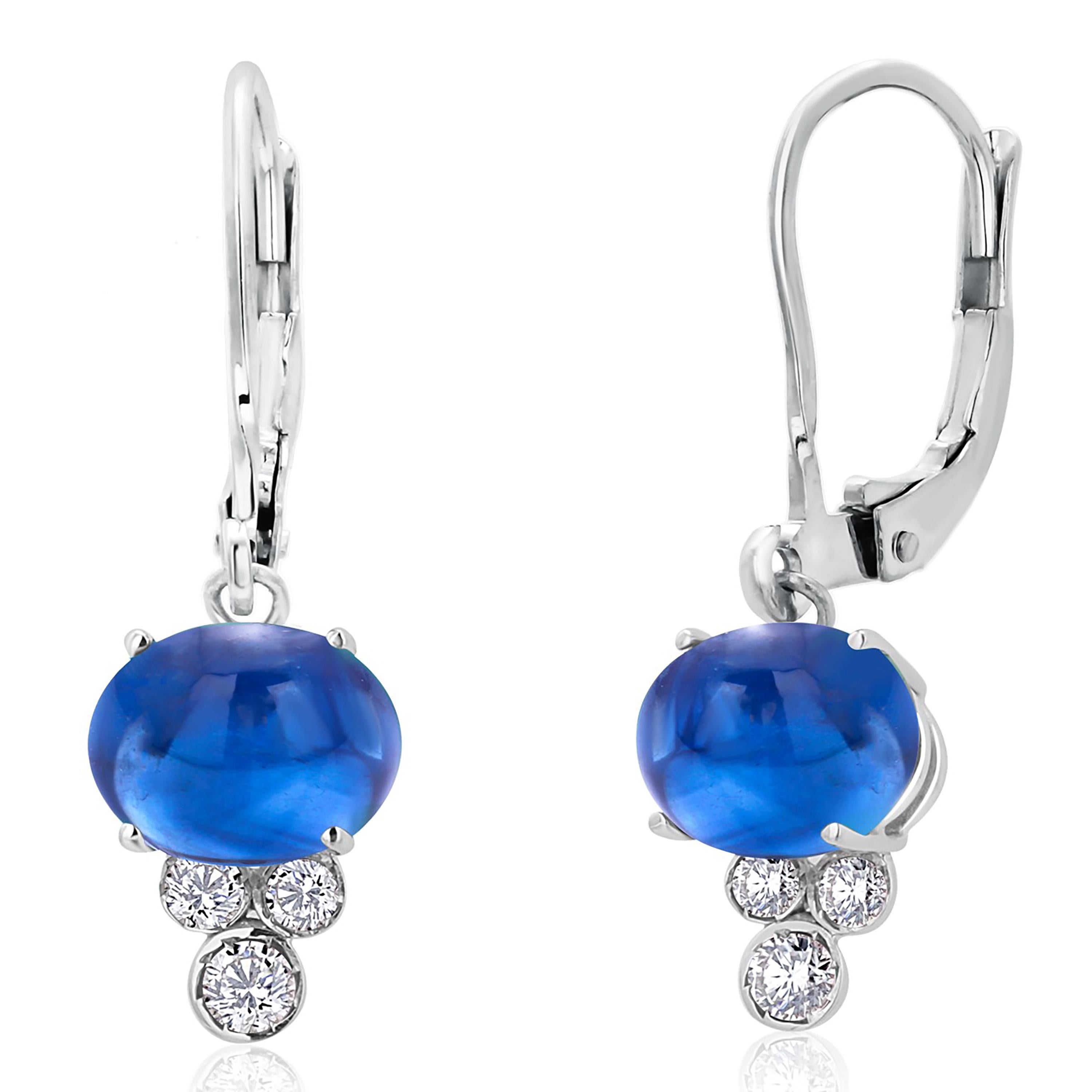 Cabochon Ceylon Sapphires Diamonds 6.95 Carat Leverback 14 Karat White Gold Hoop Earrings For Sale