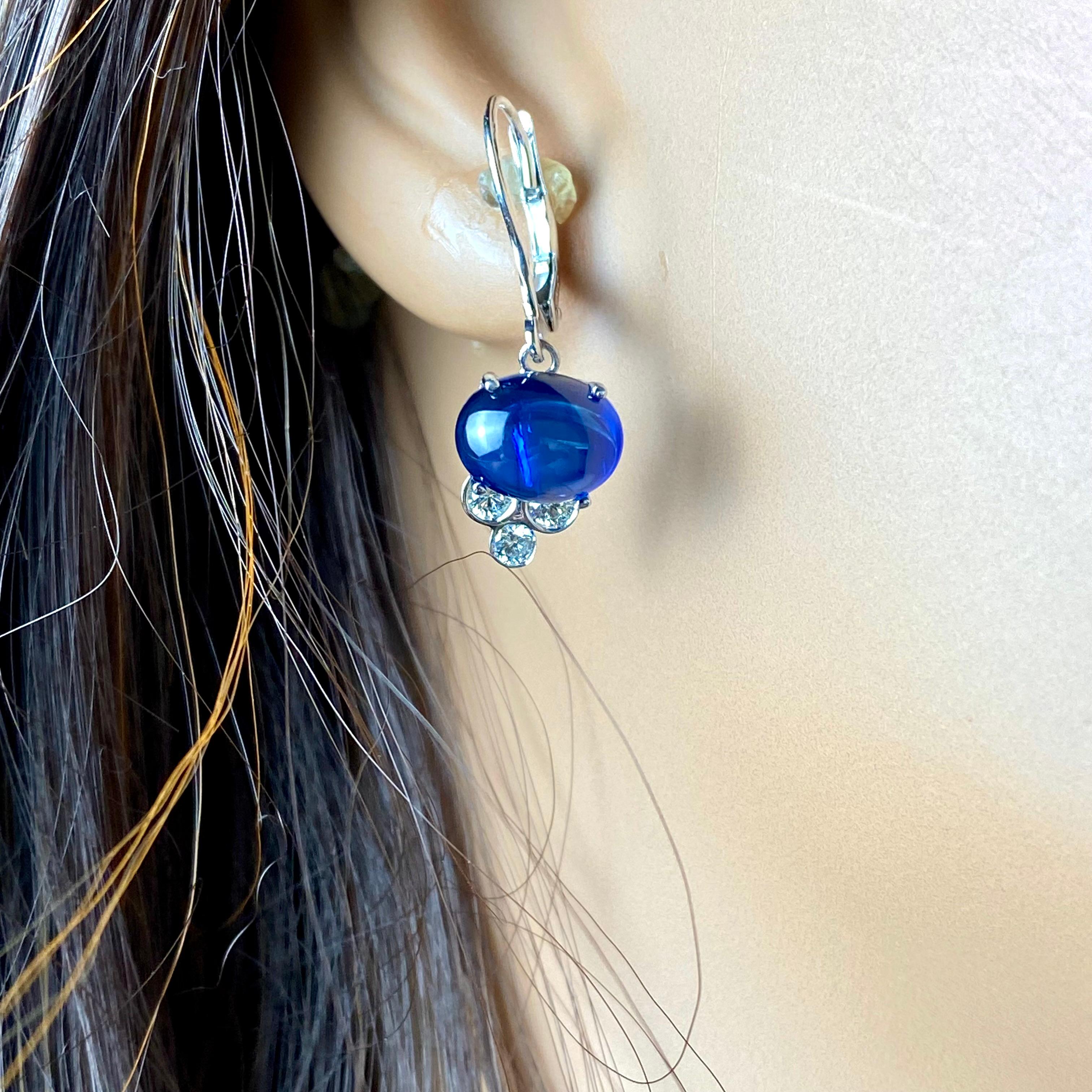 Women's Ceylon Sapphires Diamonds 6.95 Carat Leverback 14 Karat White Gold Hoop Earrings For Sale