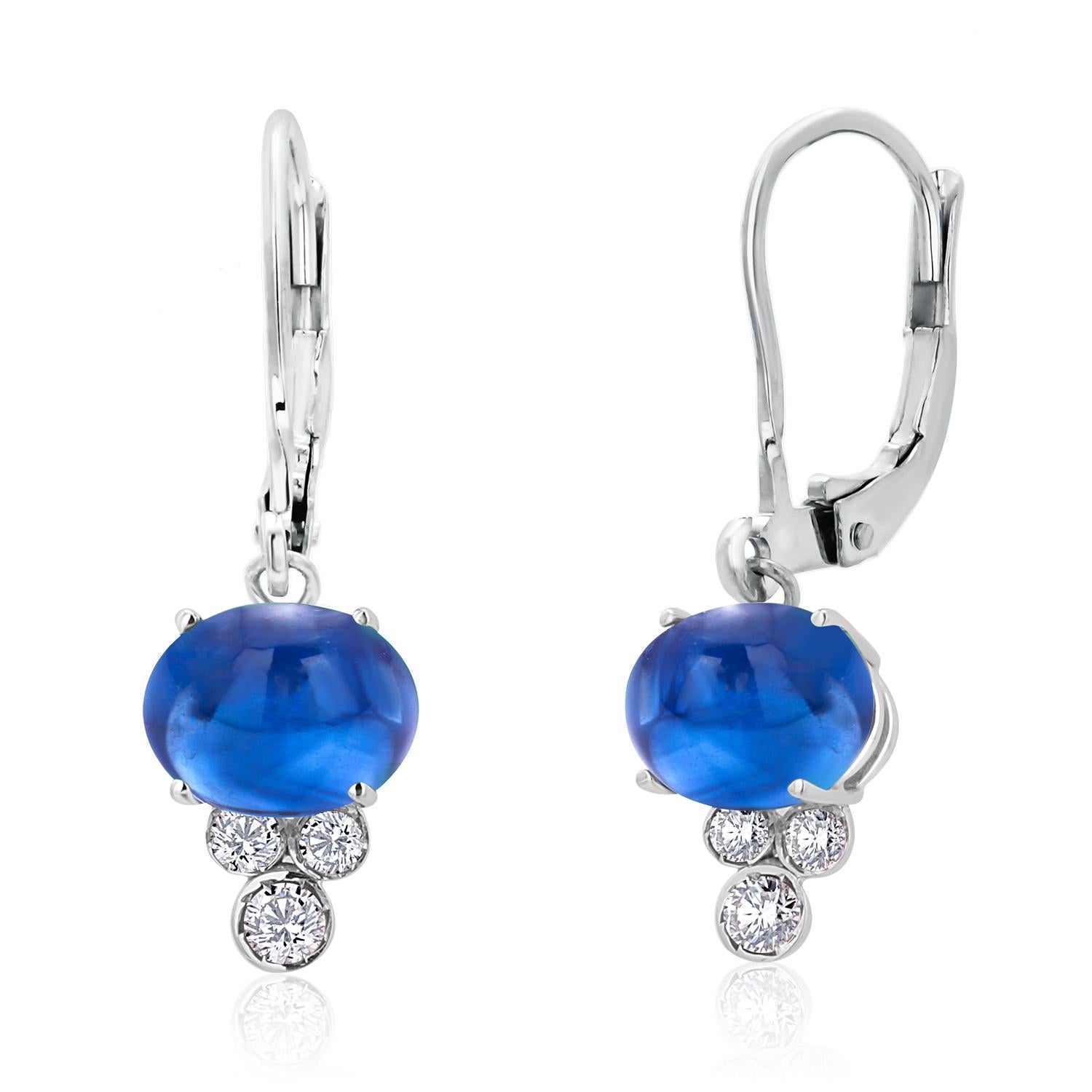 Ceylon Sapphires Diamonds 6.95 Carat Leverback 14 Karat White Gold Hoop Earrings For Sale 1