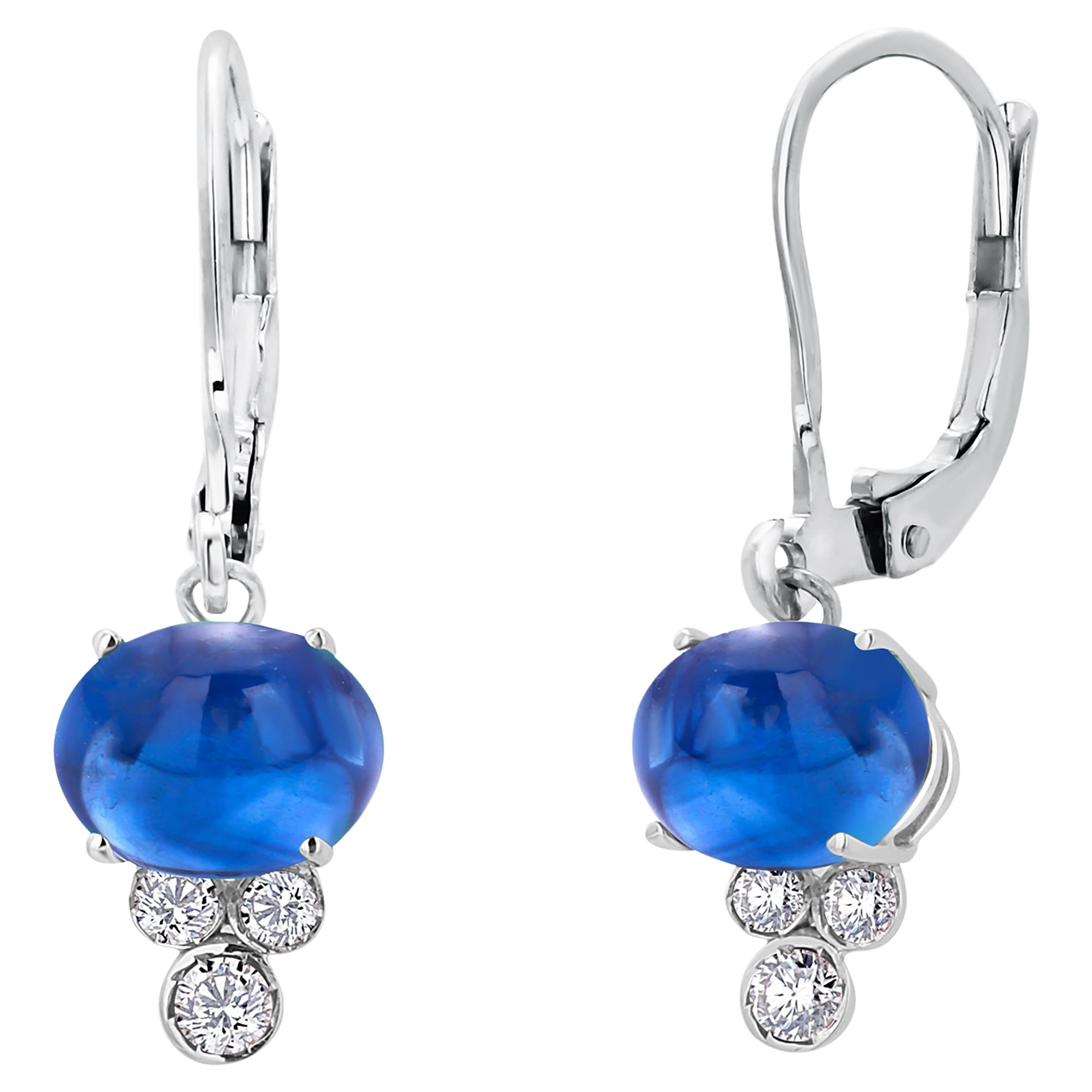 Ceylon Sapphires Diamonds 6.95 Carat Leverback 14 Karat White Gold Hoop Earrings
