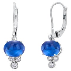Ceylon Sapphires Diamonds 6.95 Carat Leverback 14 Karat White Gold Hoop Earrings
