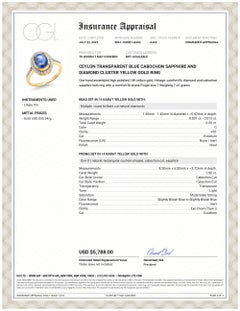 Ceylon Transparent Blue Cabochon Sapphire and Diamond Cluster Yellow Gold Ring