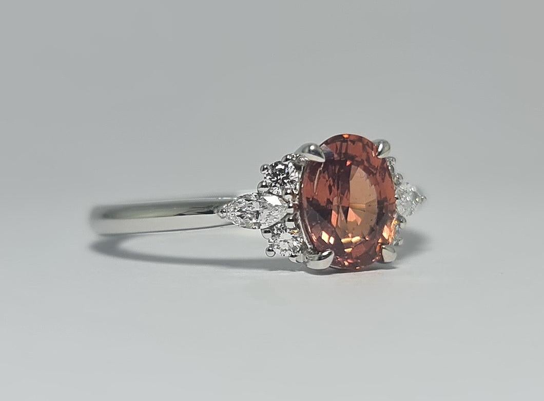 Contemporary Ceylon Unheated Padparadscha 1.57ct Sapphire Natural Diamond 18K White Gold Ring For Sale