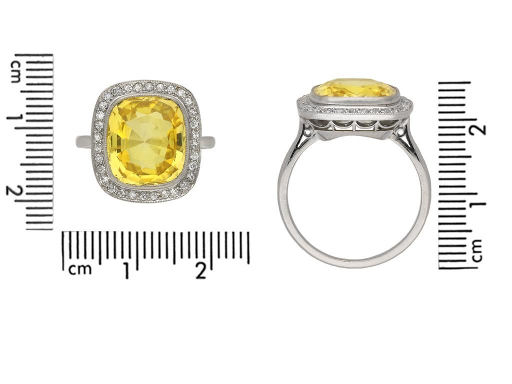Cushion Cut Ceylon Yellow Sapphire and Diamond Coronet Cluster Ring, circa 1920 For Sale