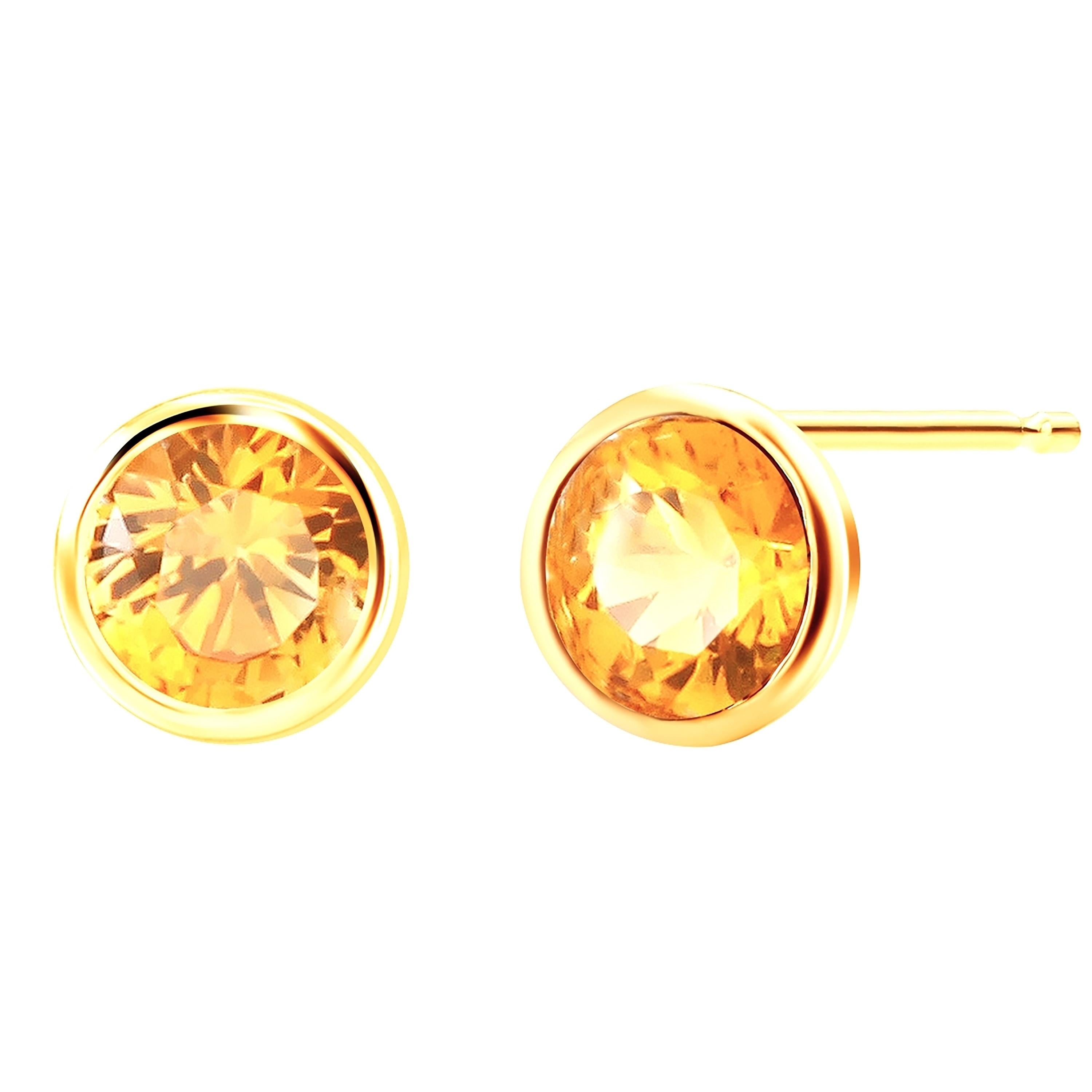 Round Cut Yellow Sapphire 1.65 Carat Bezel Set 14 Karat Yellow Gold 0.30 Inch Earrings