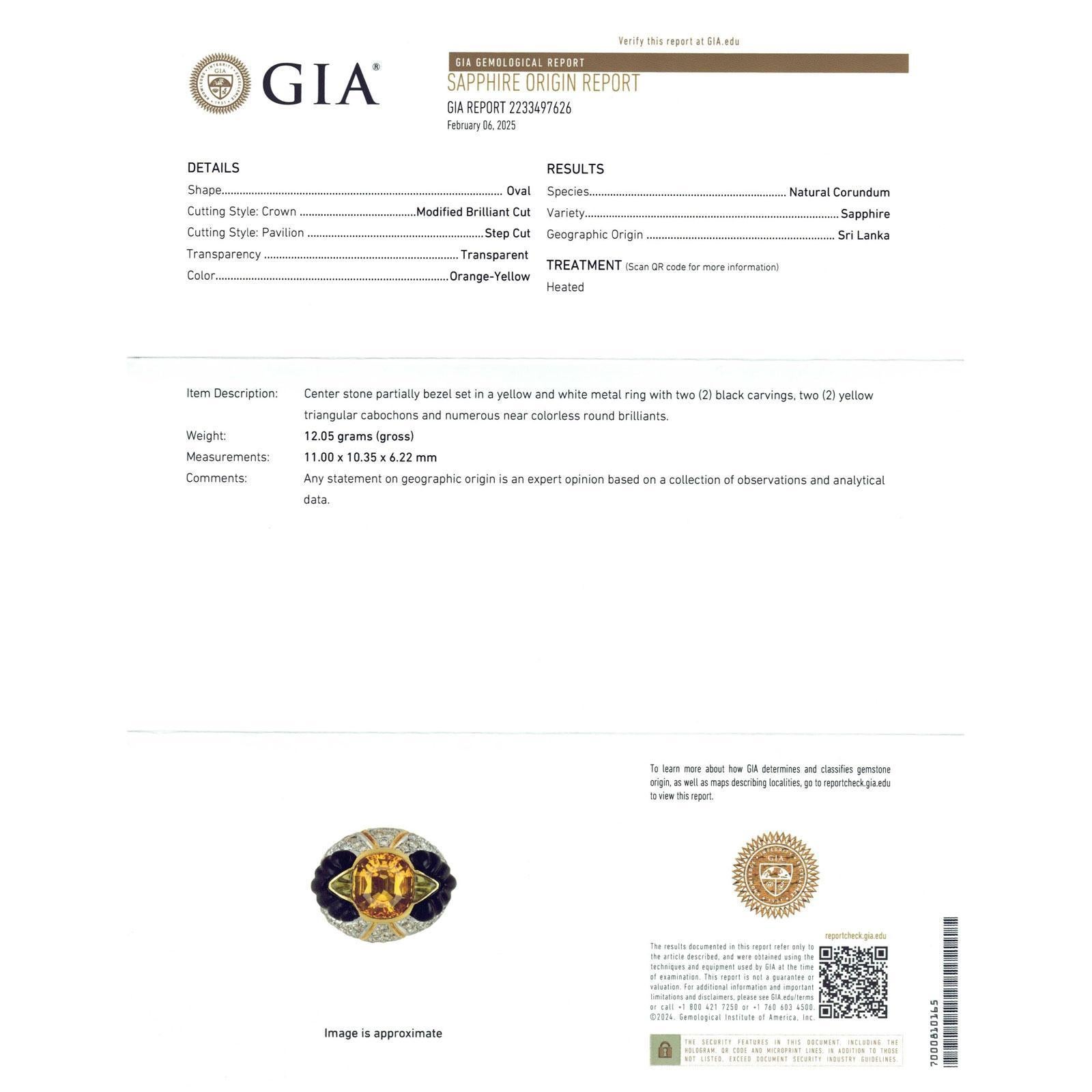 Ceylon Yellow Sapphire Diamond Carved Onyx 18 Karat Yellow Gold Cocktail Ring For Sale 4