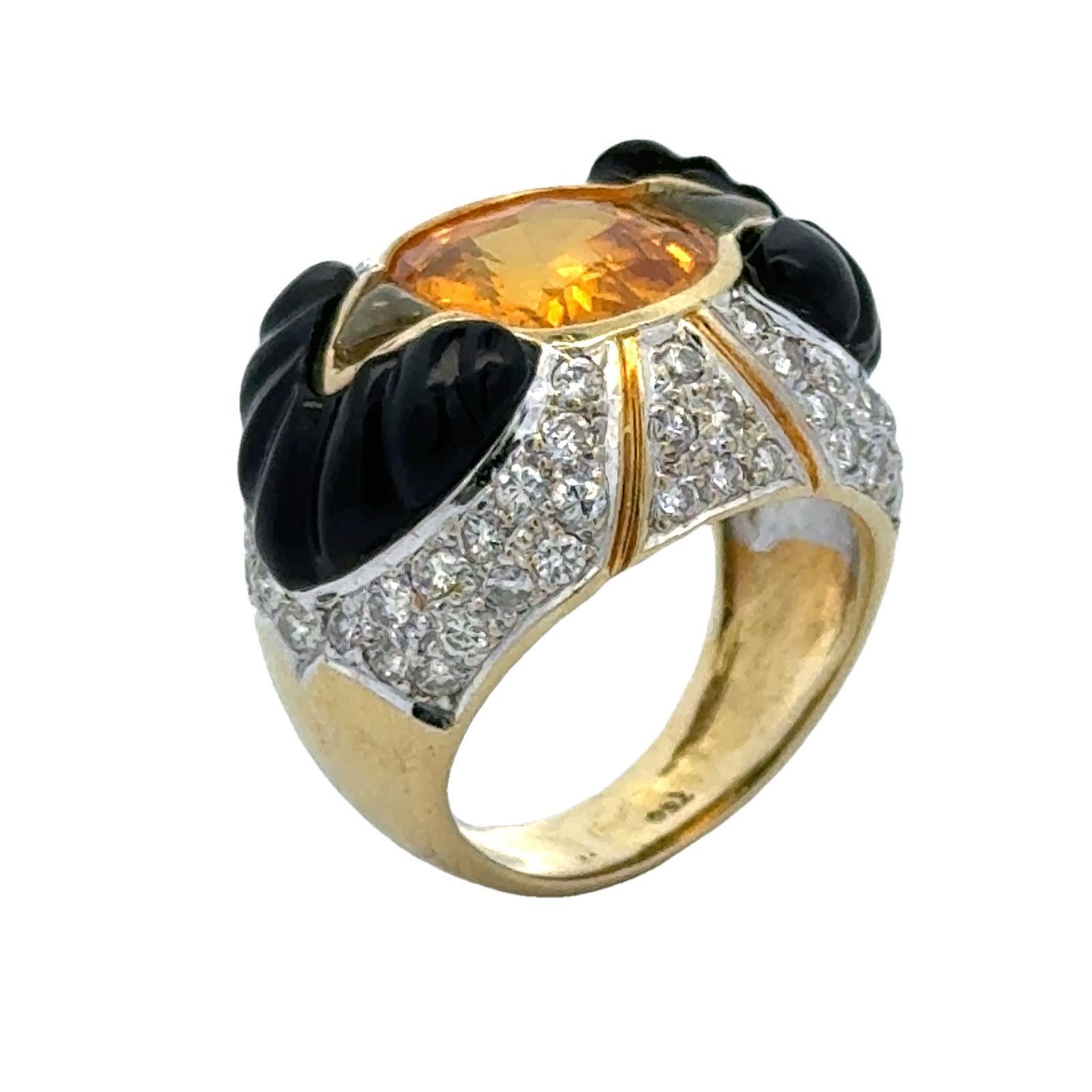 Contemporary Ceylon Yellow Sapphire Diamond Carved Onyx 18 Karat Yellow Gold Cocktail Ring For Sale