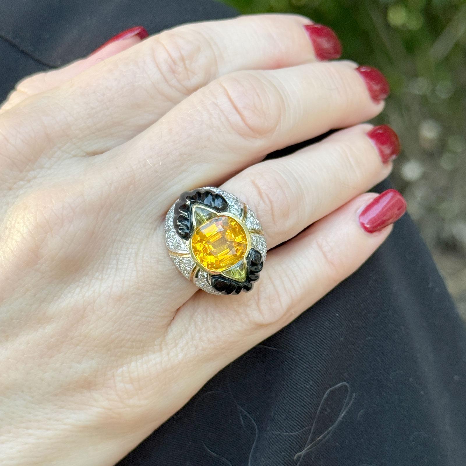 Cushion Cut Ceylon Yellow Sapphire Diamond Carved Onyx 18 Karat Yellow Gold Cocktail Ring For Sale