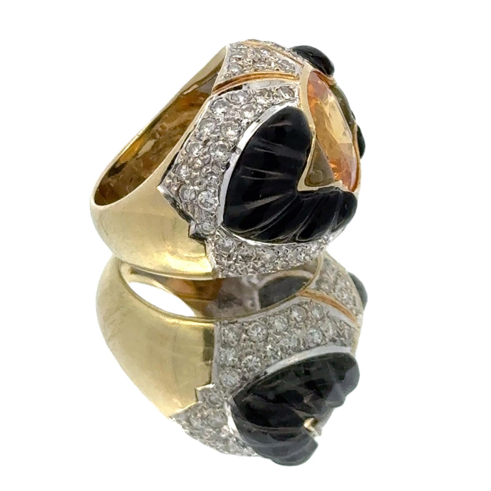 Ceylon Yellow Sapphire Diamond Carved Onyx 18 Karat Yellow Gold Cocktail Ring In Excellent Condition For Sale In Boca Raton, FL