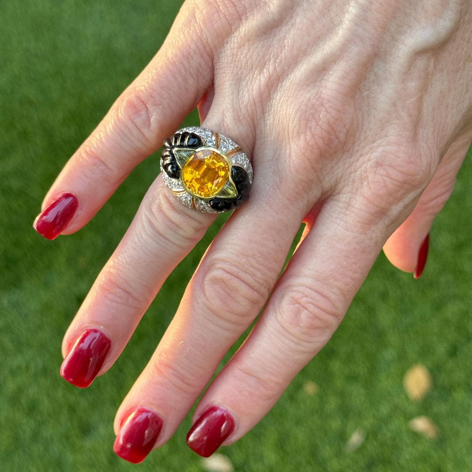 Women's Ceylon Yellow Sapphire Diamond Carved Onyx 18 Karat Yellow Gold Cocktail Ring For Sale
