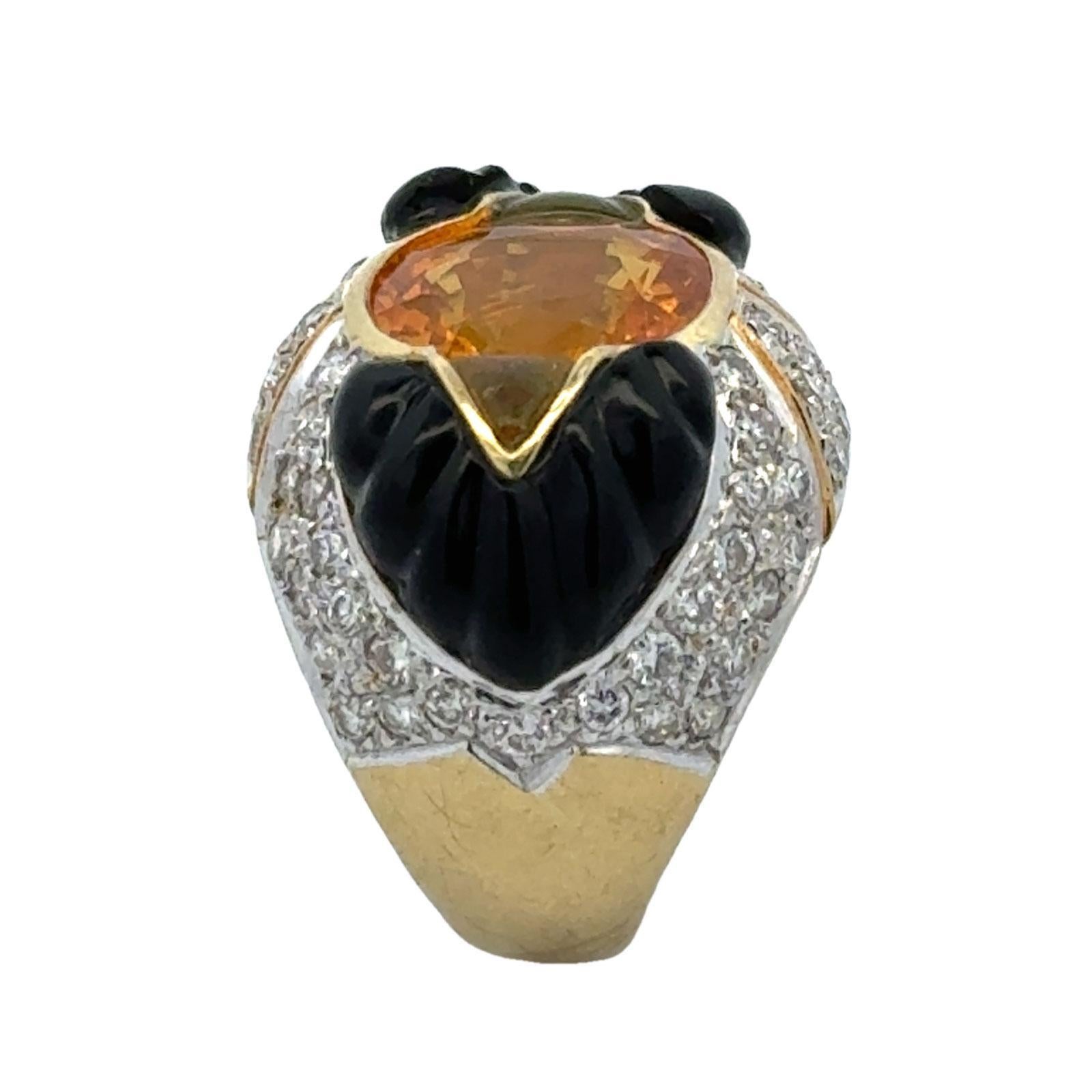 Ceylon Yellow Sapphire Diamond Carved Onyx 18 Karat Yellow Gold Cocktail Ring For Sale 1