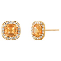 Zafiro Amarillo de Ceilán Diamantes 2.10 Quilates Pendientes Asscher de Oro Estilo Halo